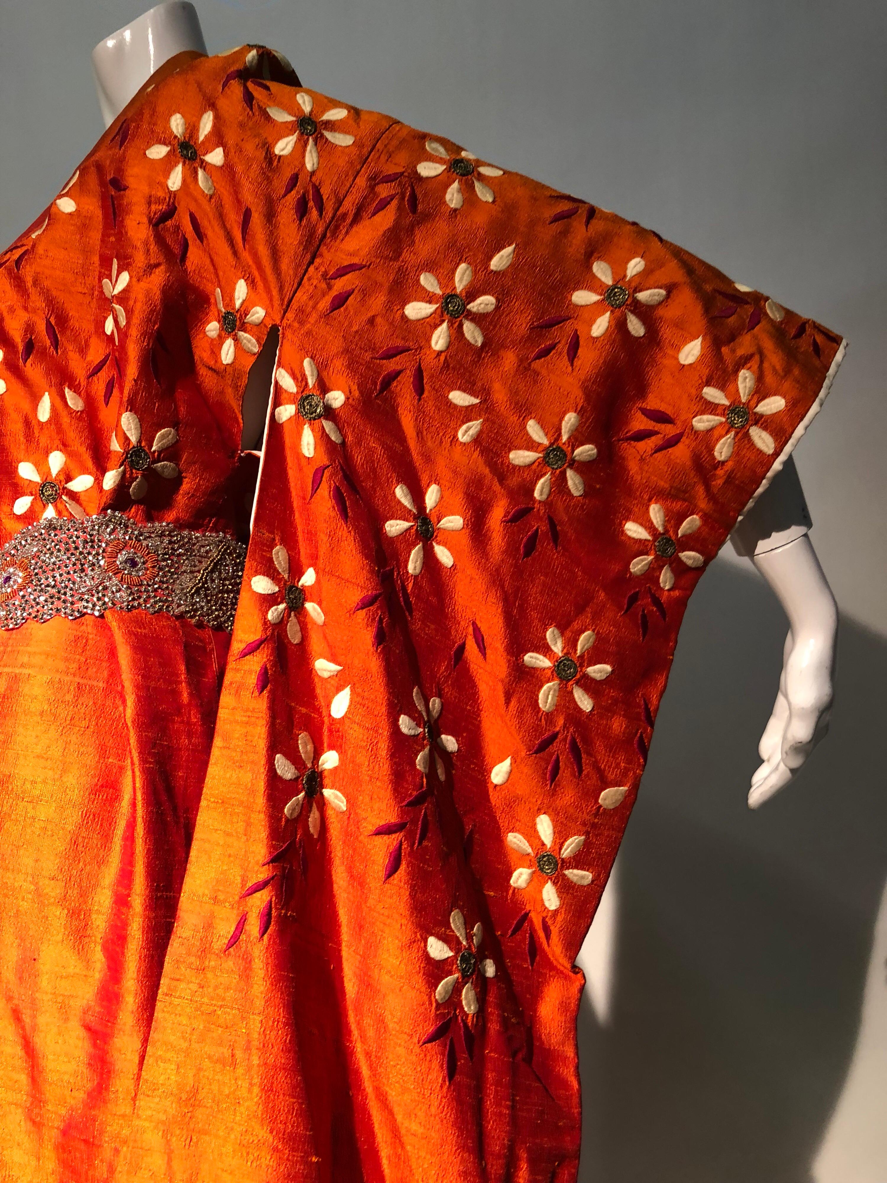 1940s Burnt Orange Raw Silk Spring Kimono W/ Embroidered Daisies & Beaded Belt 5
