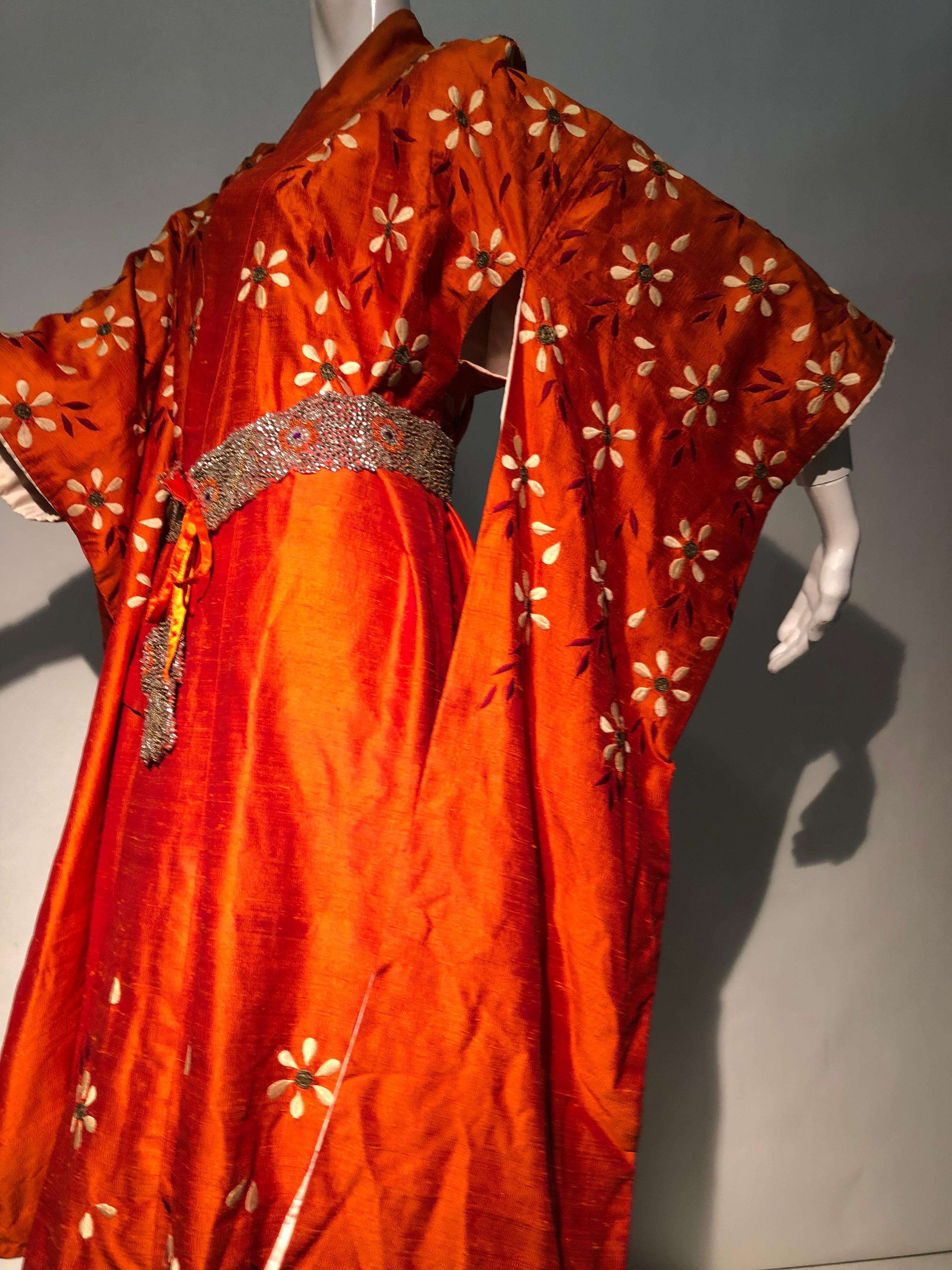 1940s Burnt Orange Raw Silk Spring Kimono W/ Embroidered Daisies & Beaded Belt 7