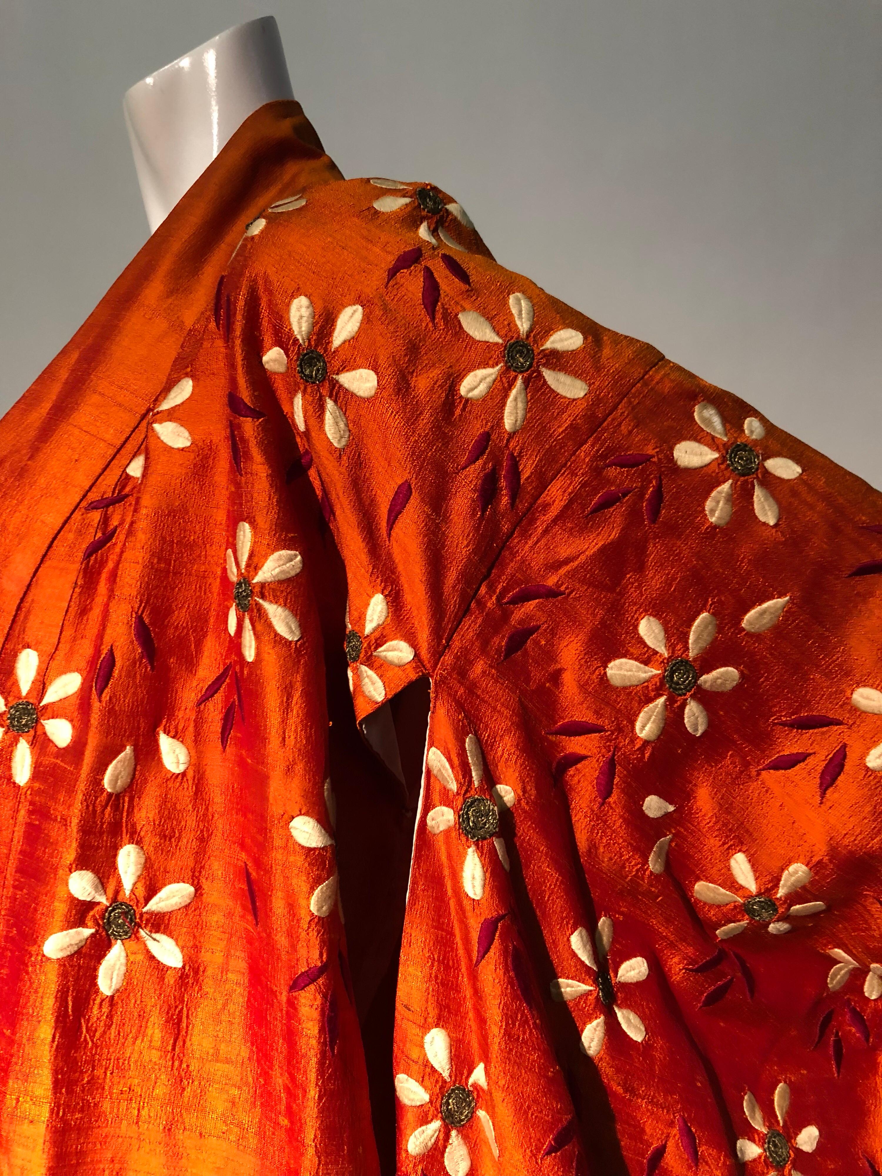 1940s Burnt Orange Raw Silk Spring Kimono W/ Embroidered Daisies & Beaded Belt 8