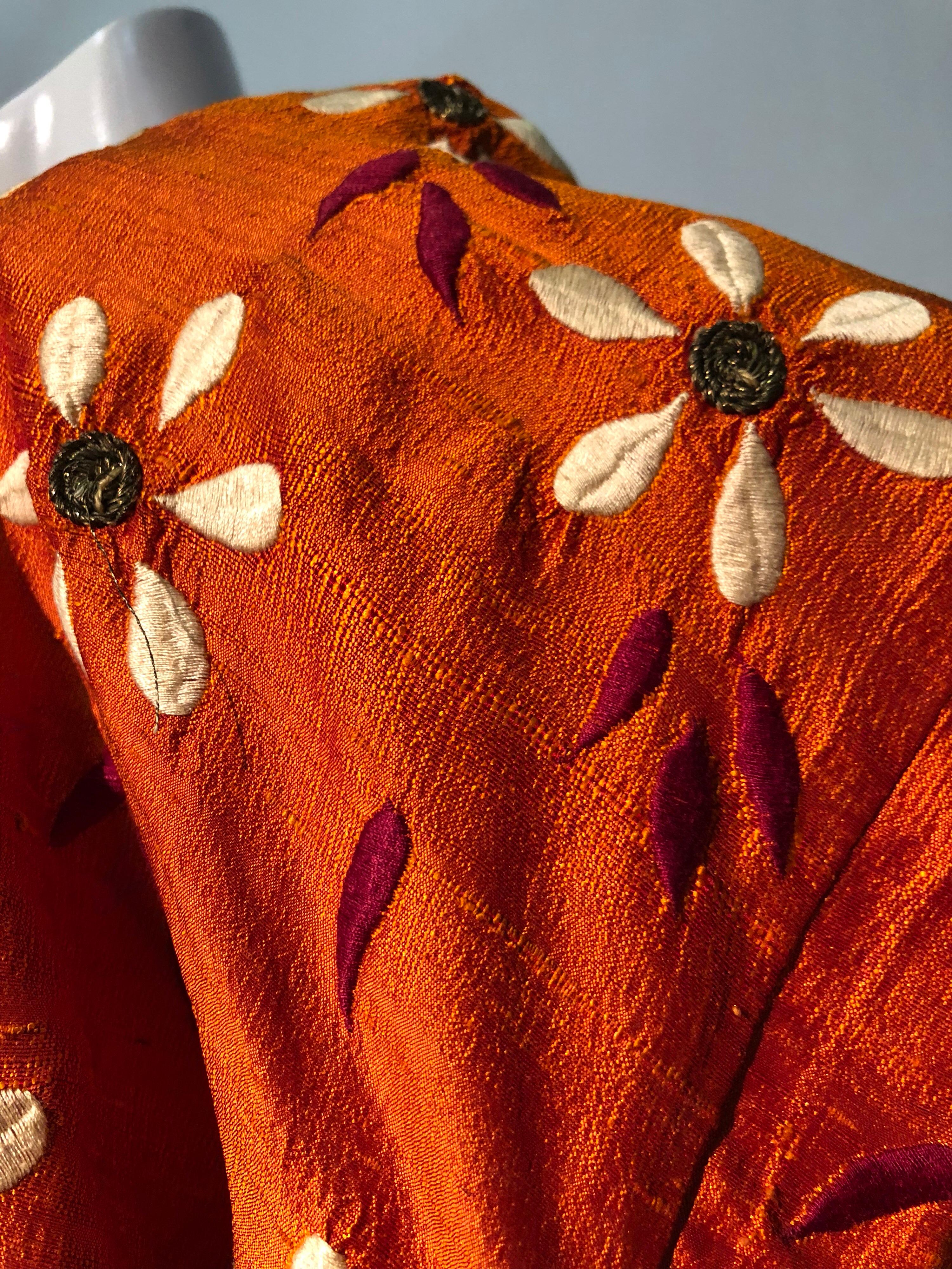 1940s Burnt Orange Raw Silk Spring Kimono W/ Embroidered Daisies & Beaded Belt 9