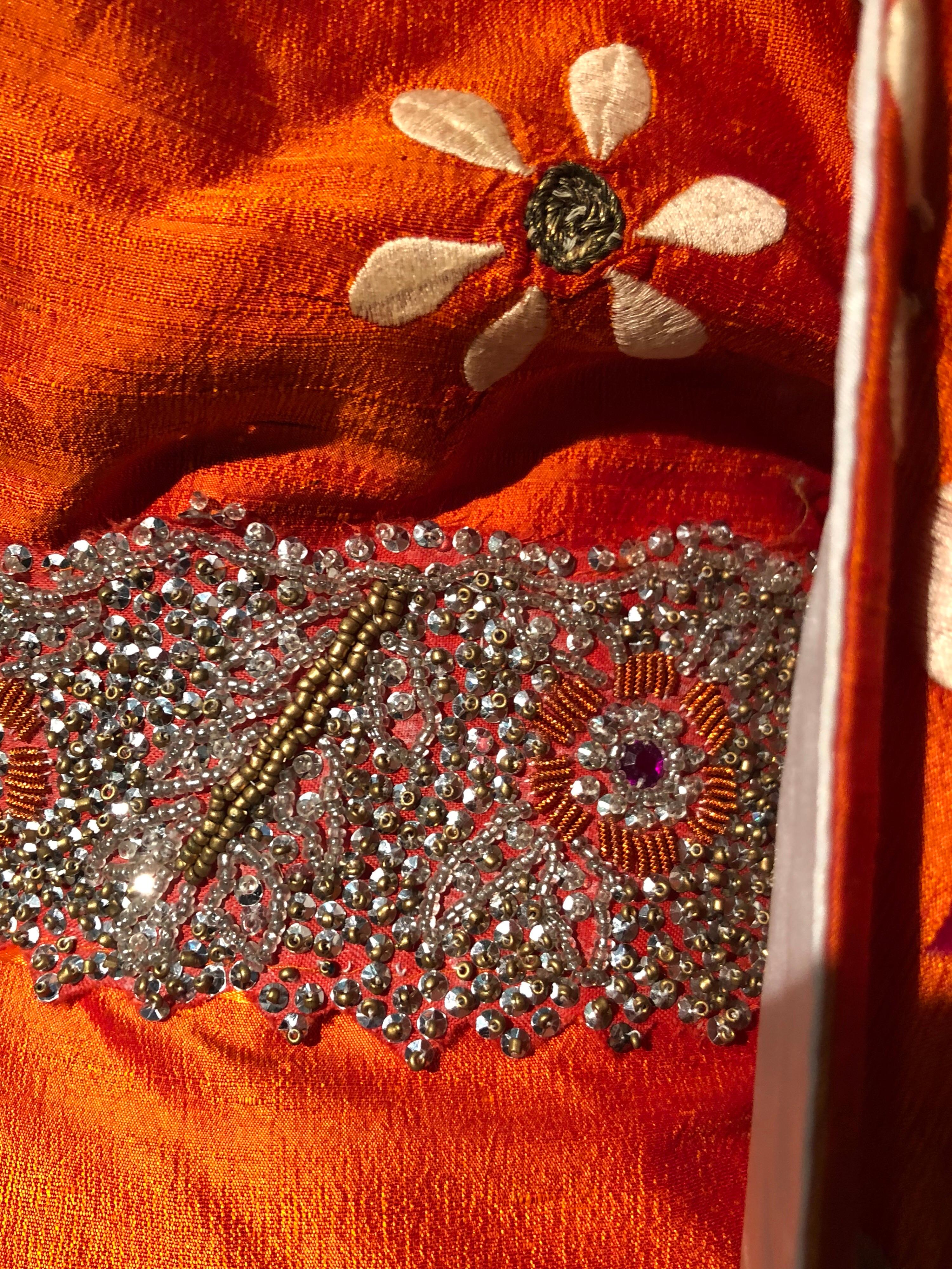 1940s Burnt Orange Raw Silk Spring Kimono W/ Embroidered Daisies & Beaded Belt 10