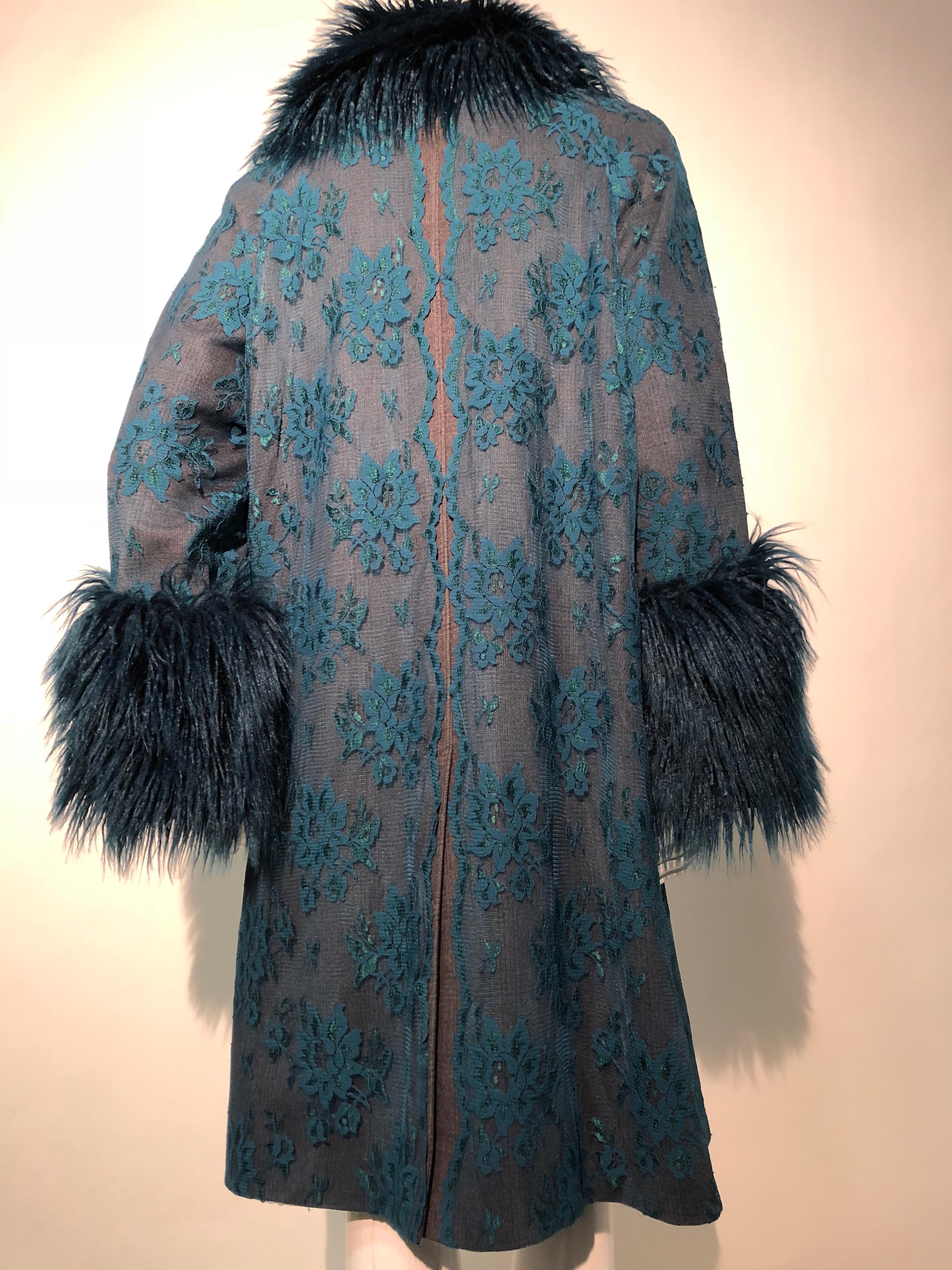 Black Torso Creations 1950s Grey Wool Coat W/ Teal Lace Overlay & Coordinated Faux Fur