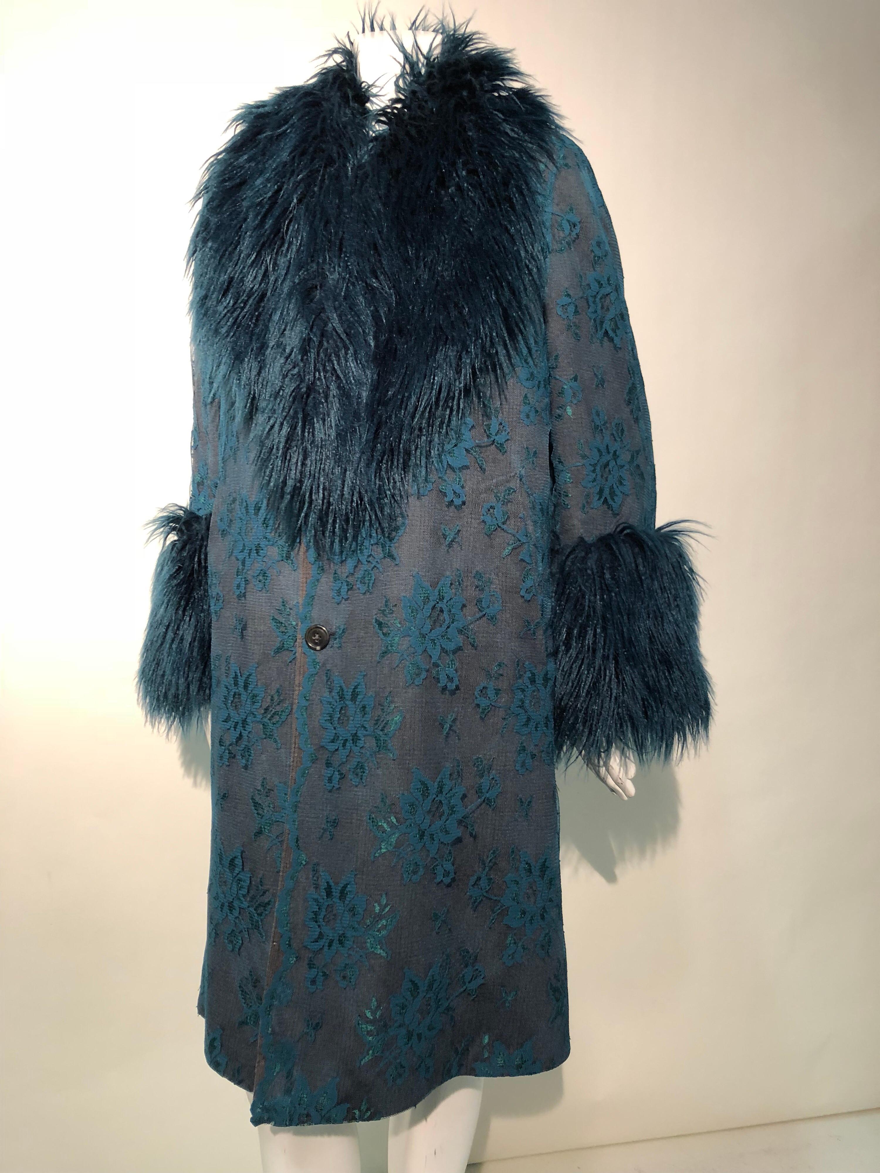 Women's or Men's Torso Creations 1950s Grey Wool Coat W/ Teal Lace Overlay & Coordinated Faux Fur