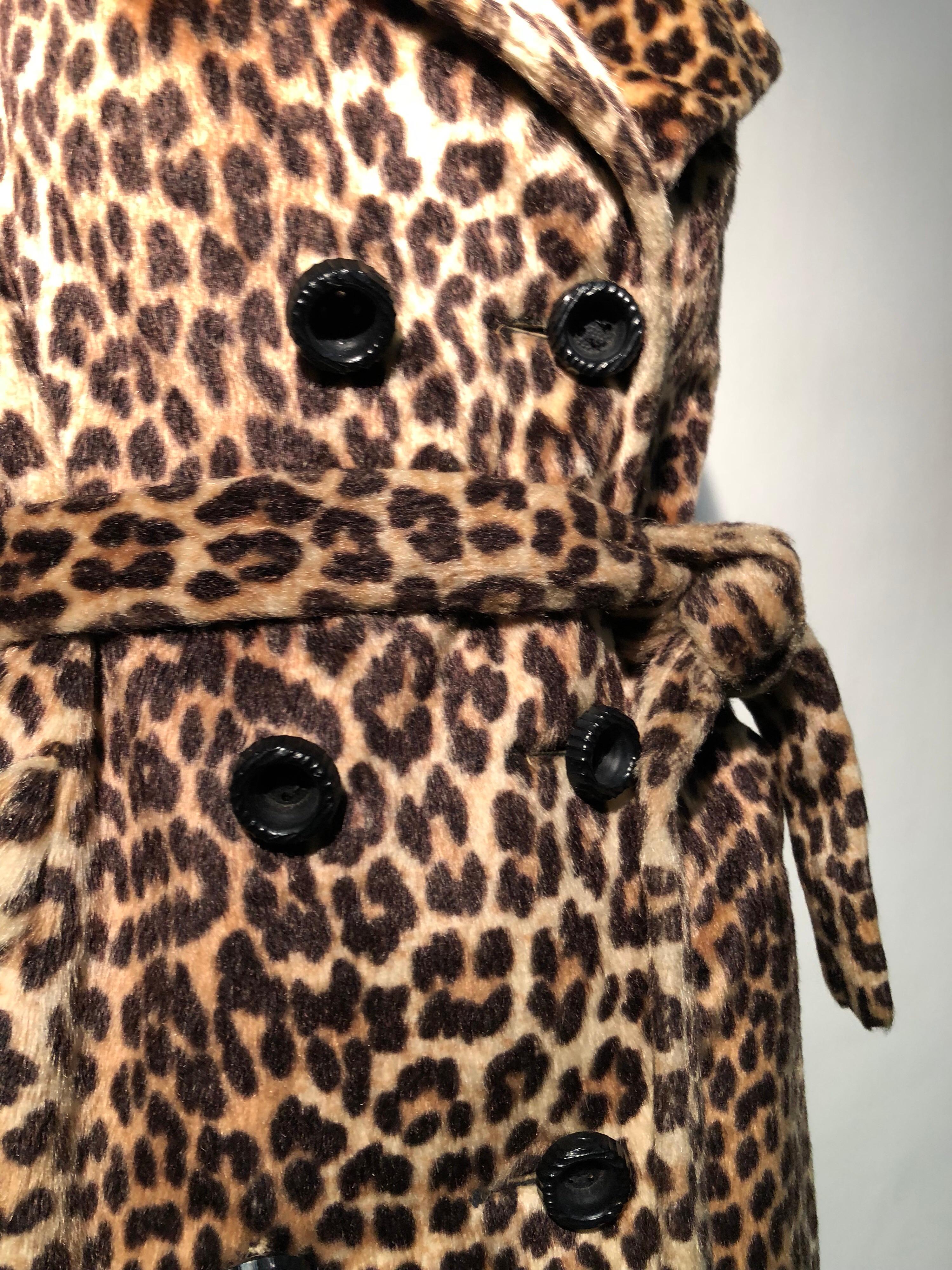 Black 1960s Faux Leopard Fur Trench Coat W/ Original Belt By Somali  For Sale