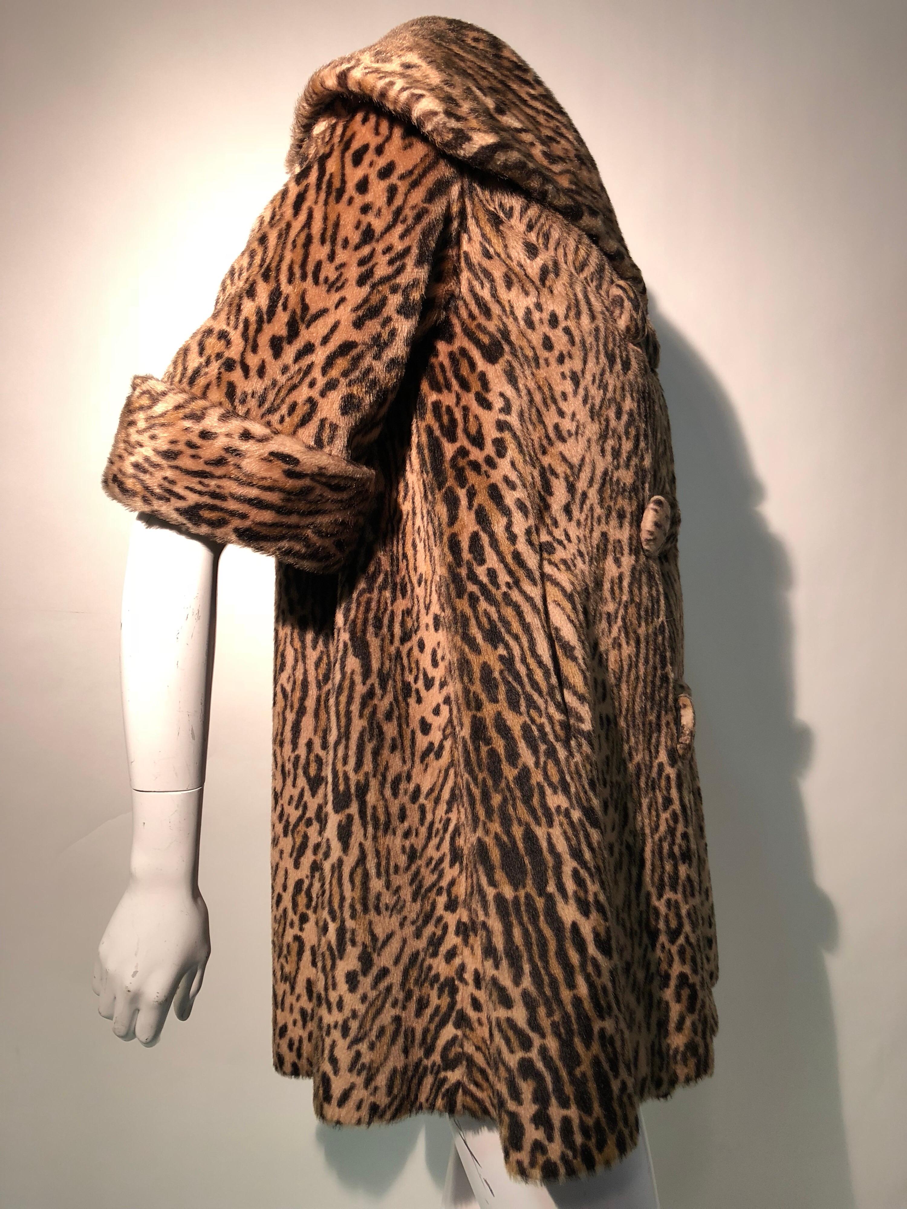 Brown 1950s Kashan Faux Leopard Fur Swing Coat With Shawl Collar 