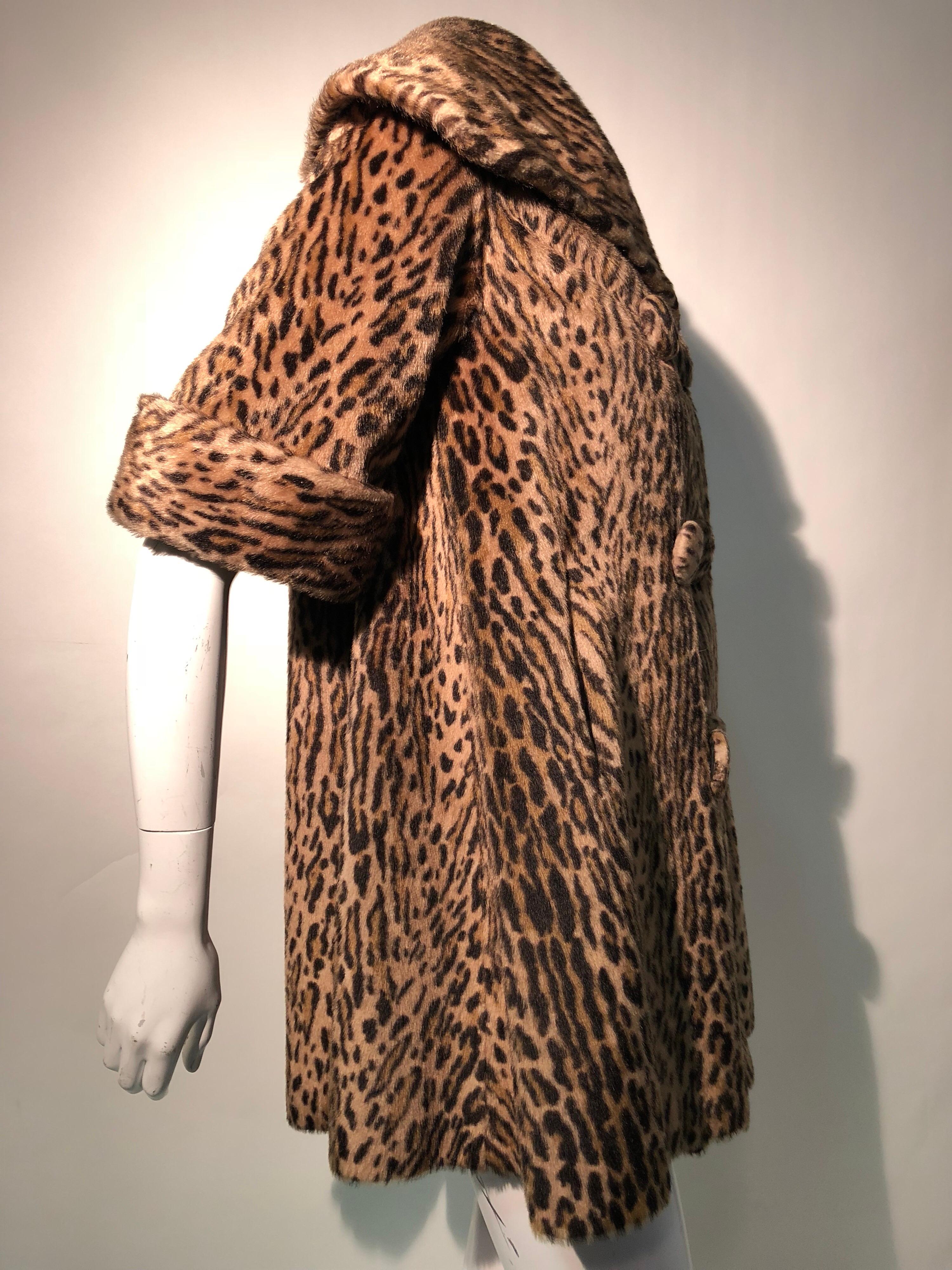 Brown 1950s Kashan Faux Leopard Fur Swing Coat With Shawl Collar