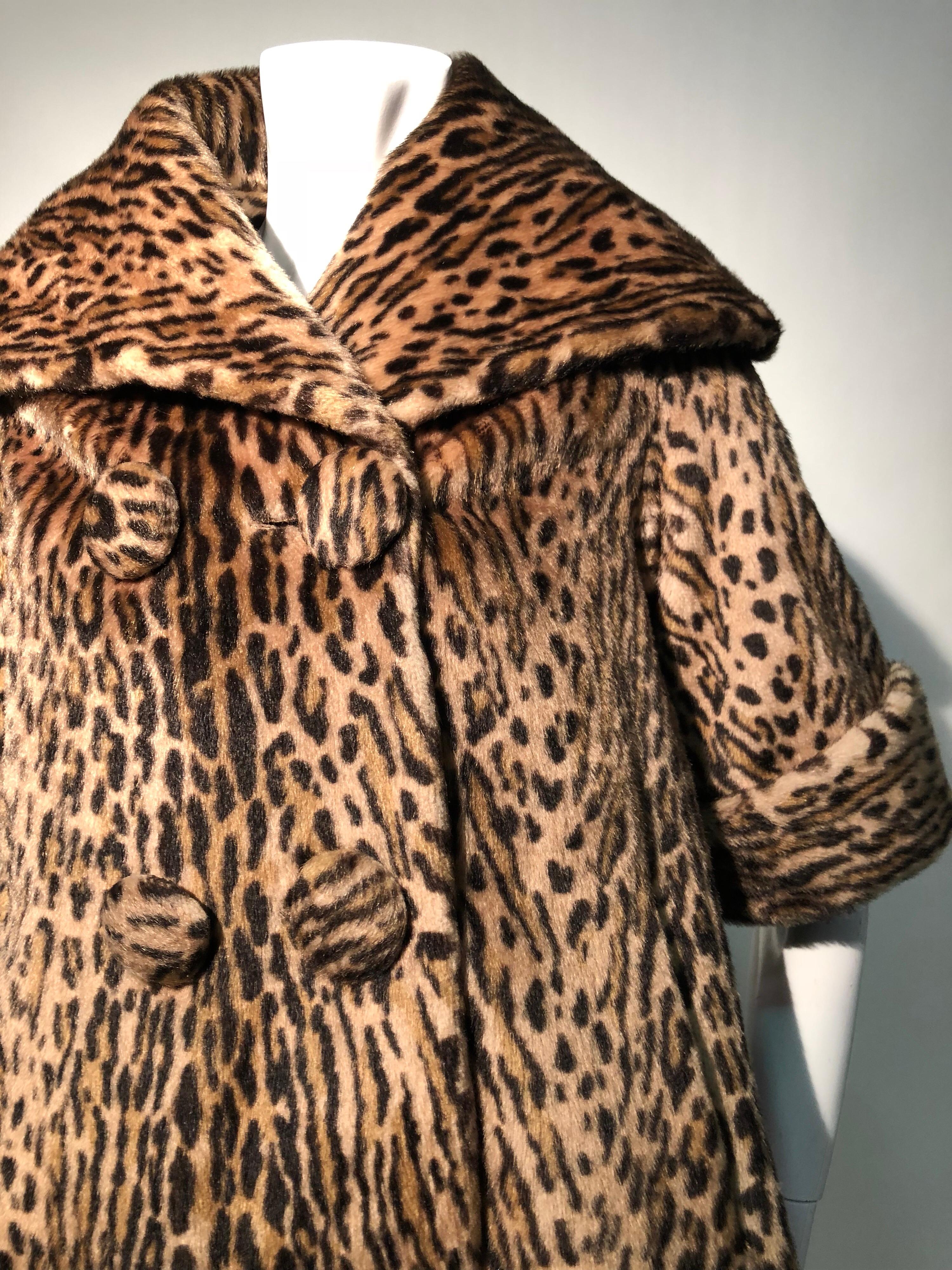1950s Kashan Faux Leopard Fur Swing Coat With Shawl Collar  1