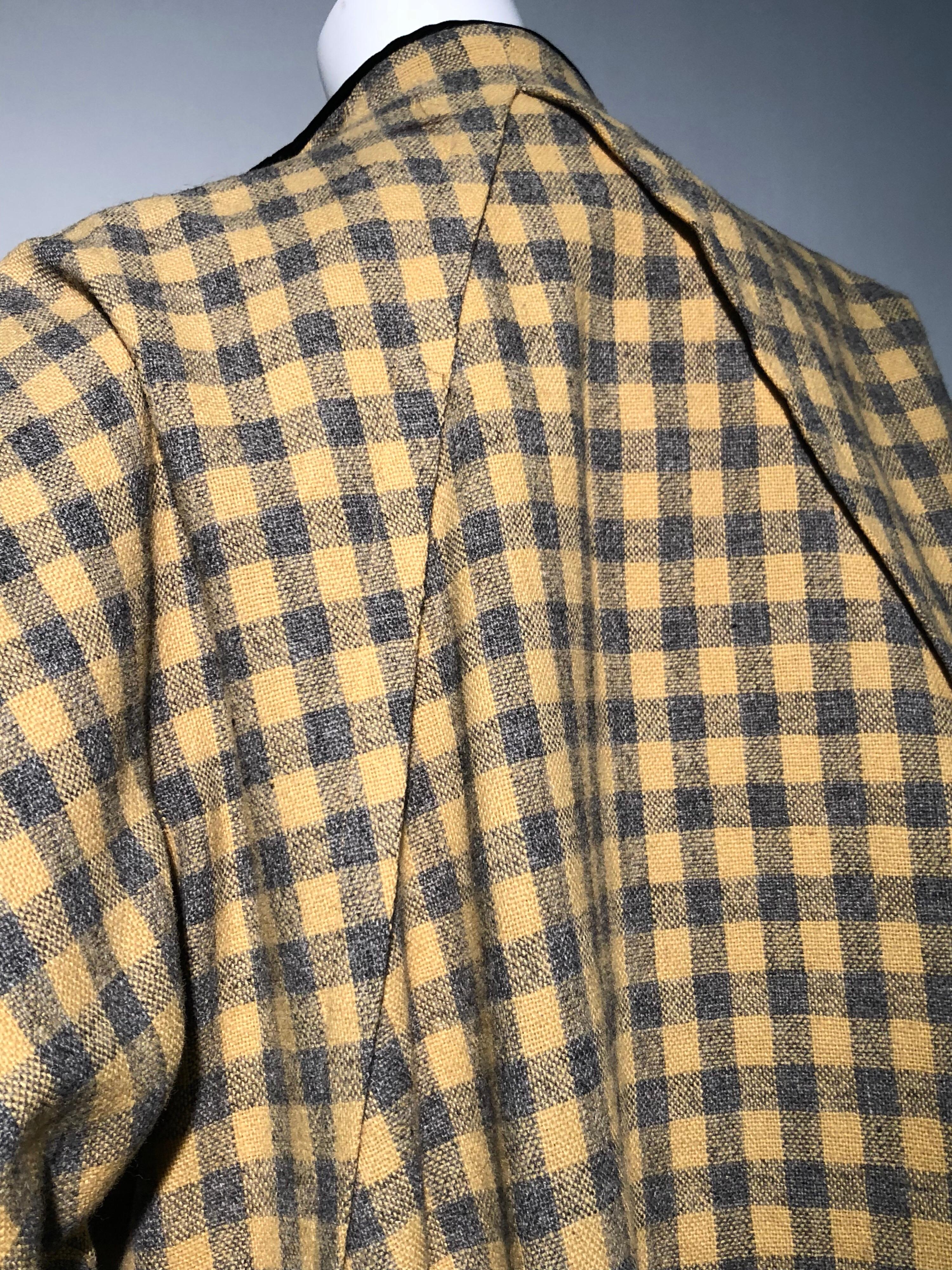 Women's 1950s Pierre Benoit Yellow & Gray Checked Wool Stroller Coat W/ Velvet Buttons For Sale
