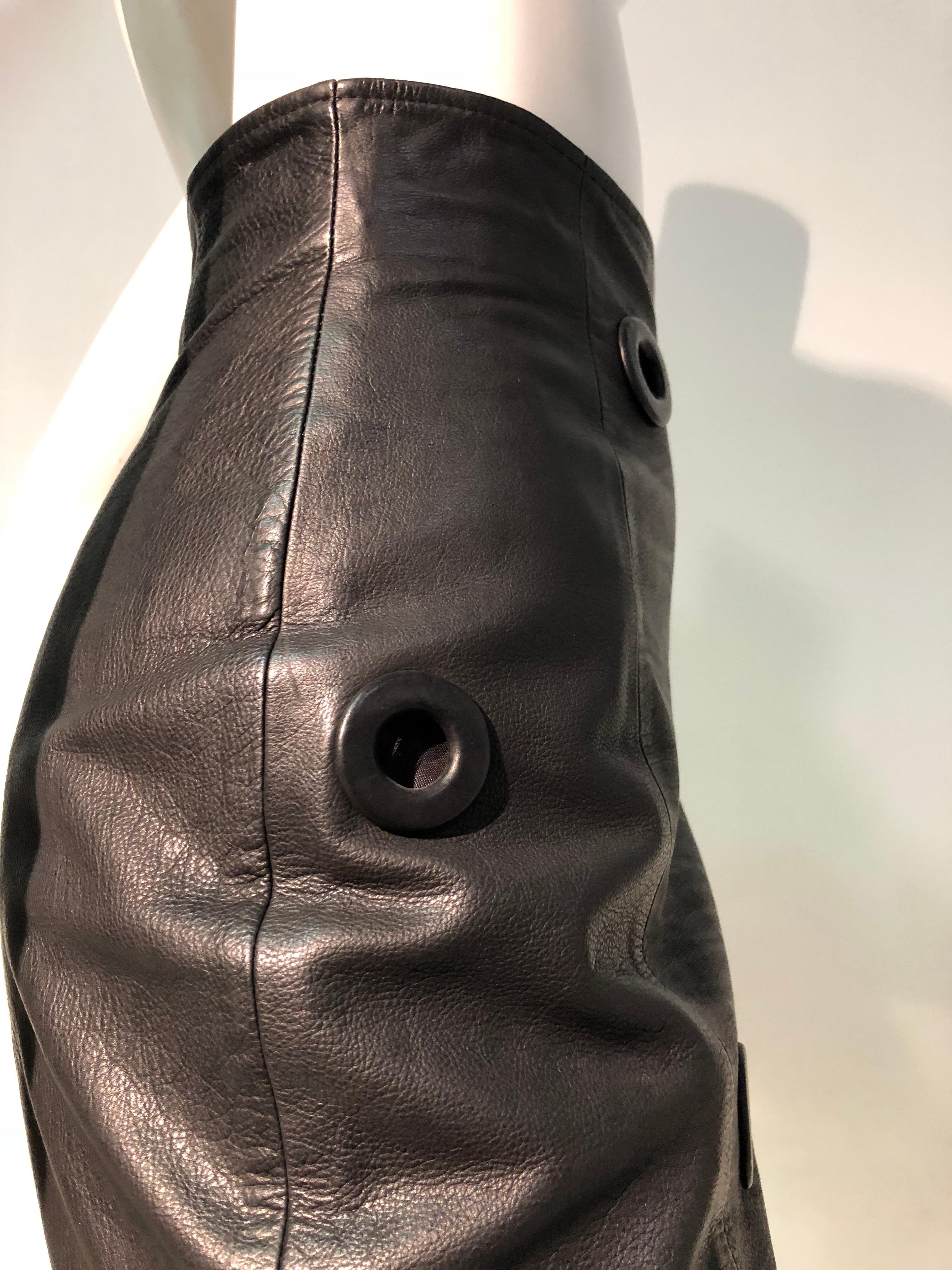 Women's 1980s Gianfranco Ferré High-Waisted Black Leather Mini Skirt W/ Large Eyelets