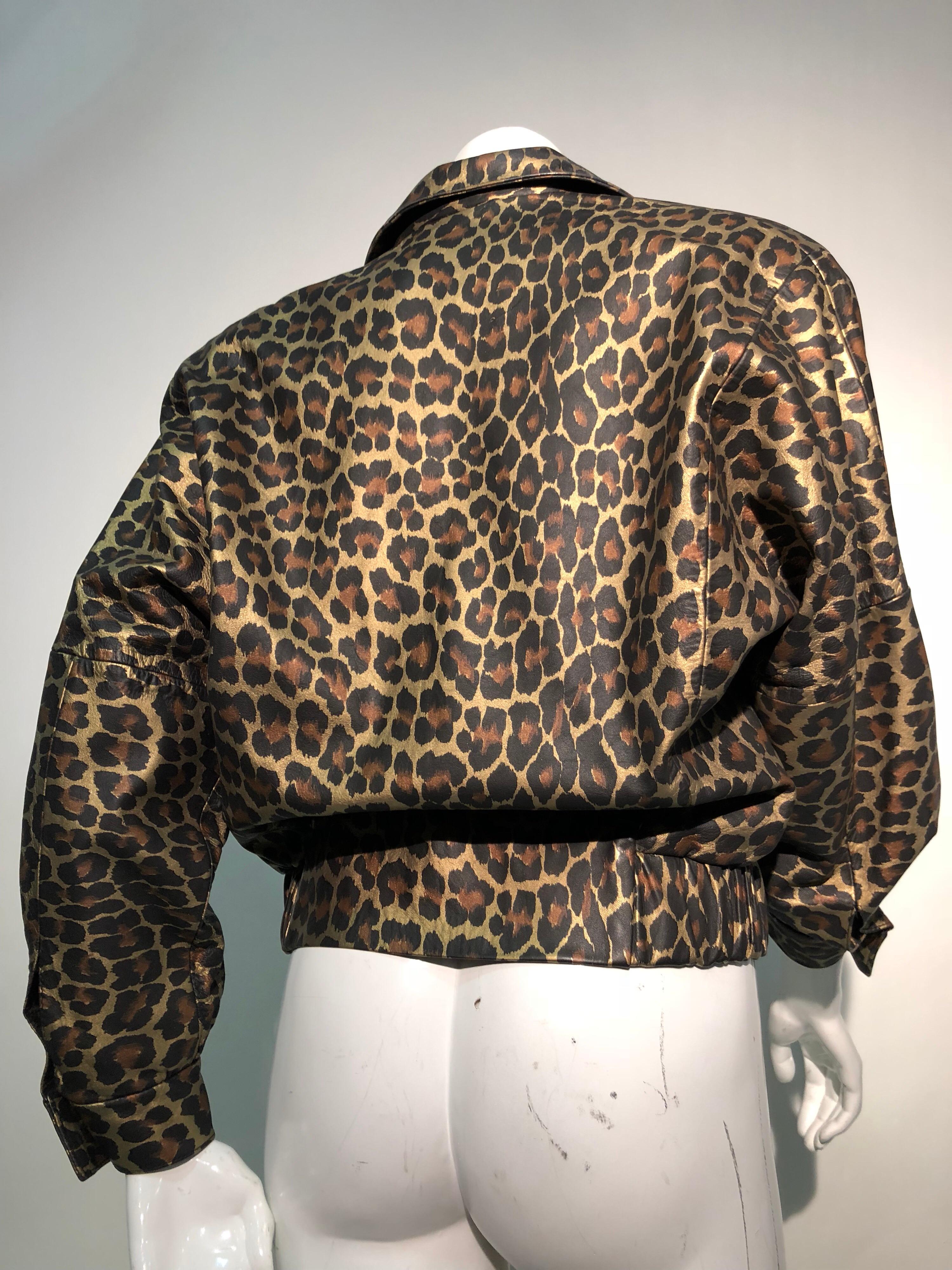 1980s Andrea Pfister Metallic Leopard Print Leather Bomber Jacket In Excellent Condition In Gresham, OR