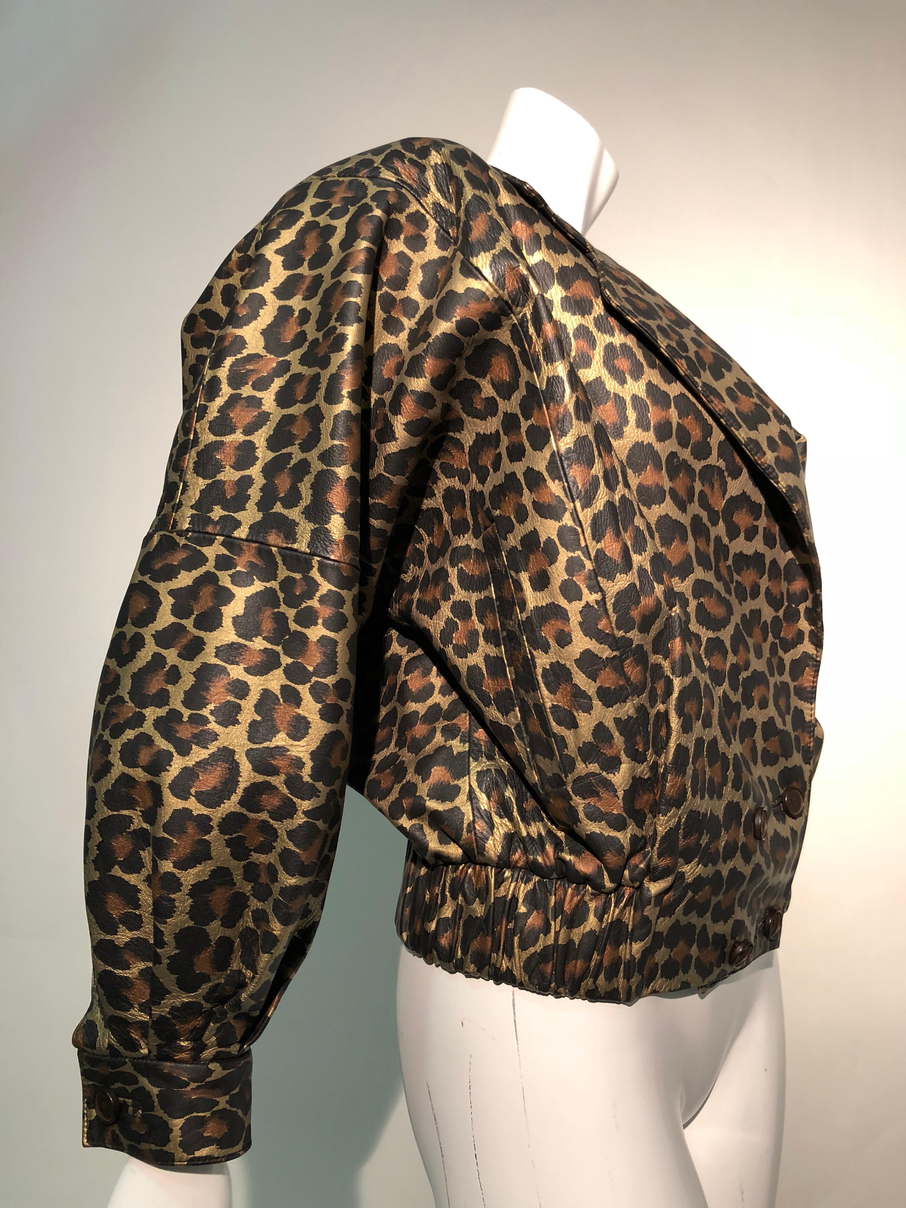 Women's or Men's 1980s Andrea Pfister Metallic Leopard Print Leather Bomber Jacket