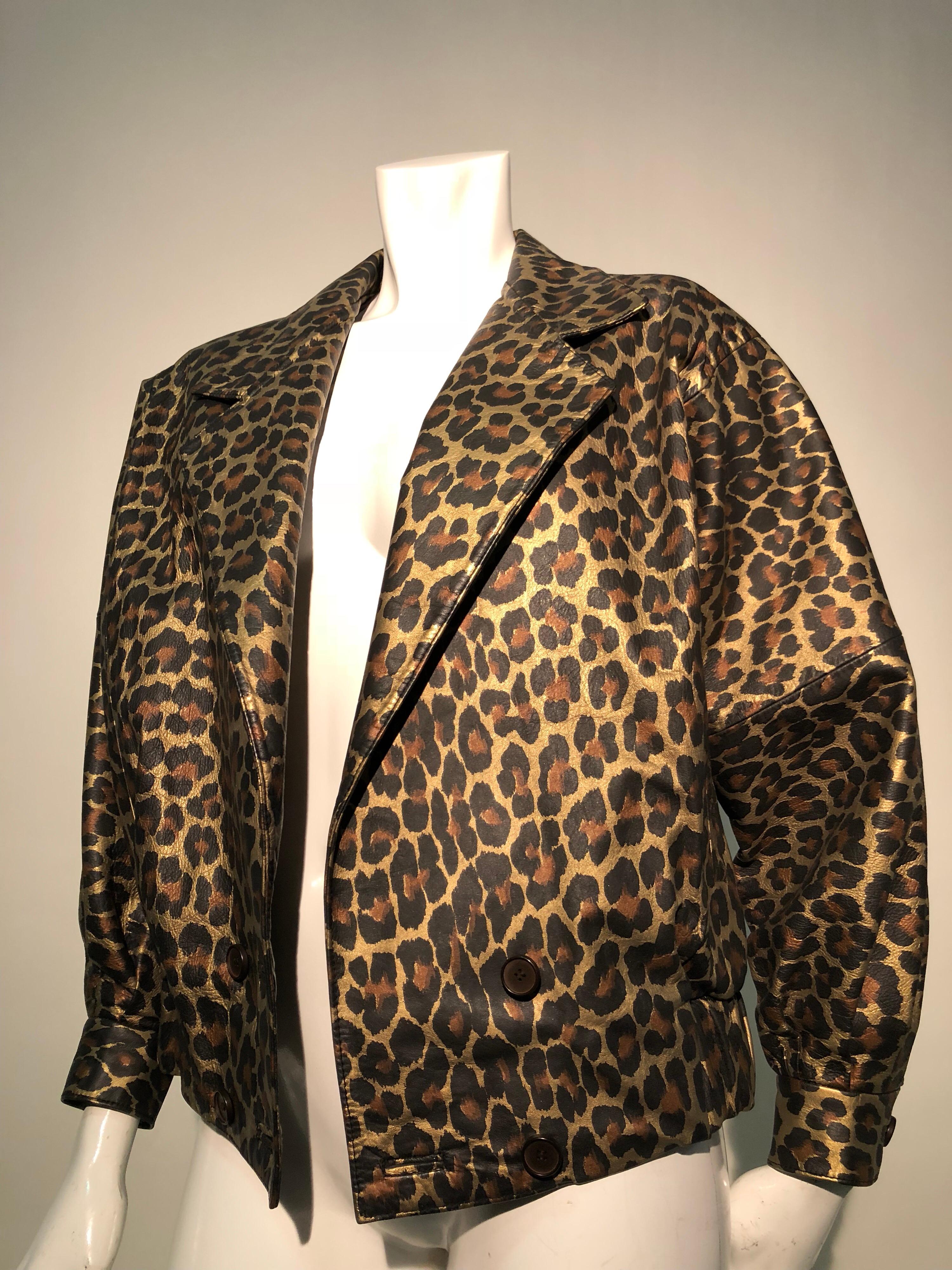 1980s Andrea Pfister Metallic Leopard Print Leather Bomber Jacket 1