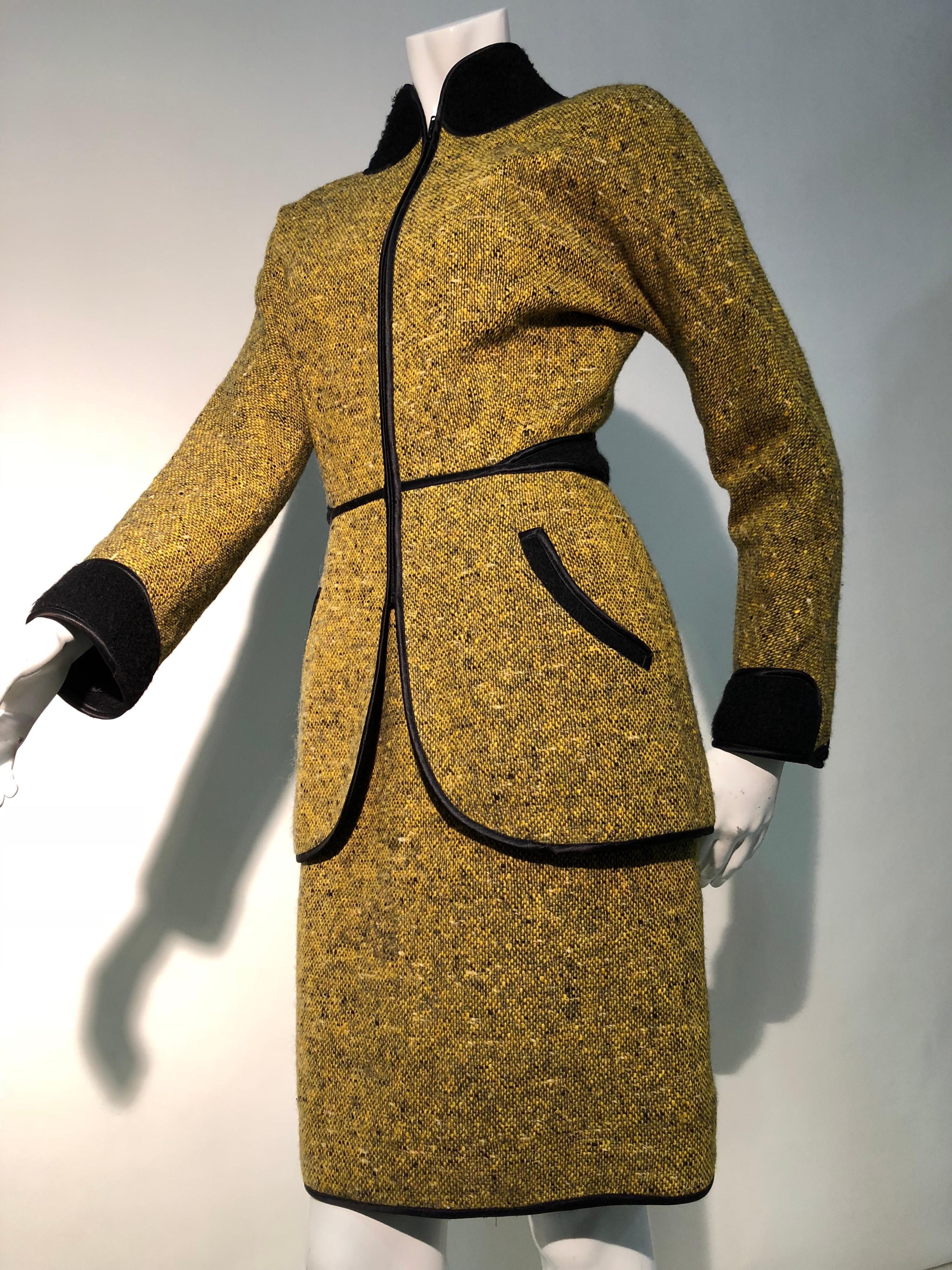 1990s Geoffrey Beene Goldenrod & Black Wool 2-Piece Tweed Dress and Jacket  For Sale 1
