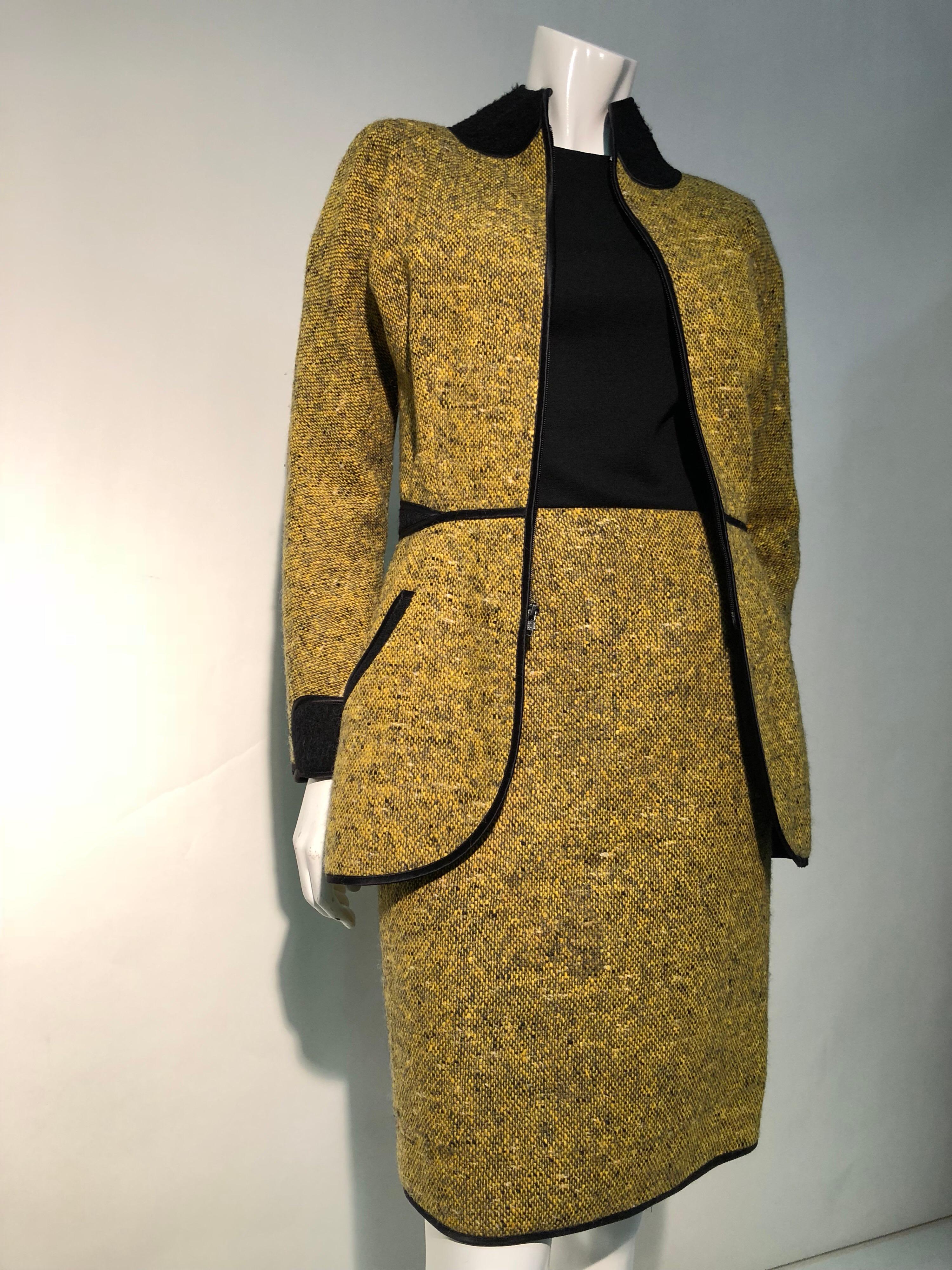 1990s Geoffrey Beene Goldenrod & Black Wool 2-Piece Tweed Dress and Jacket  For Sale 2