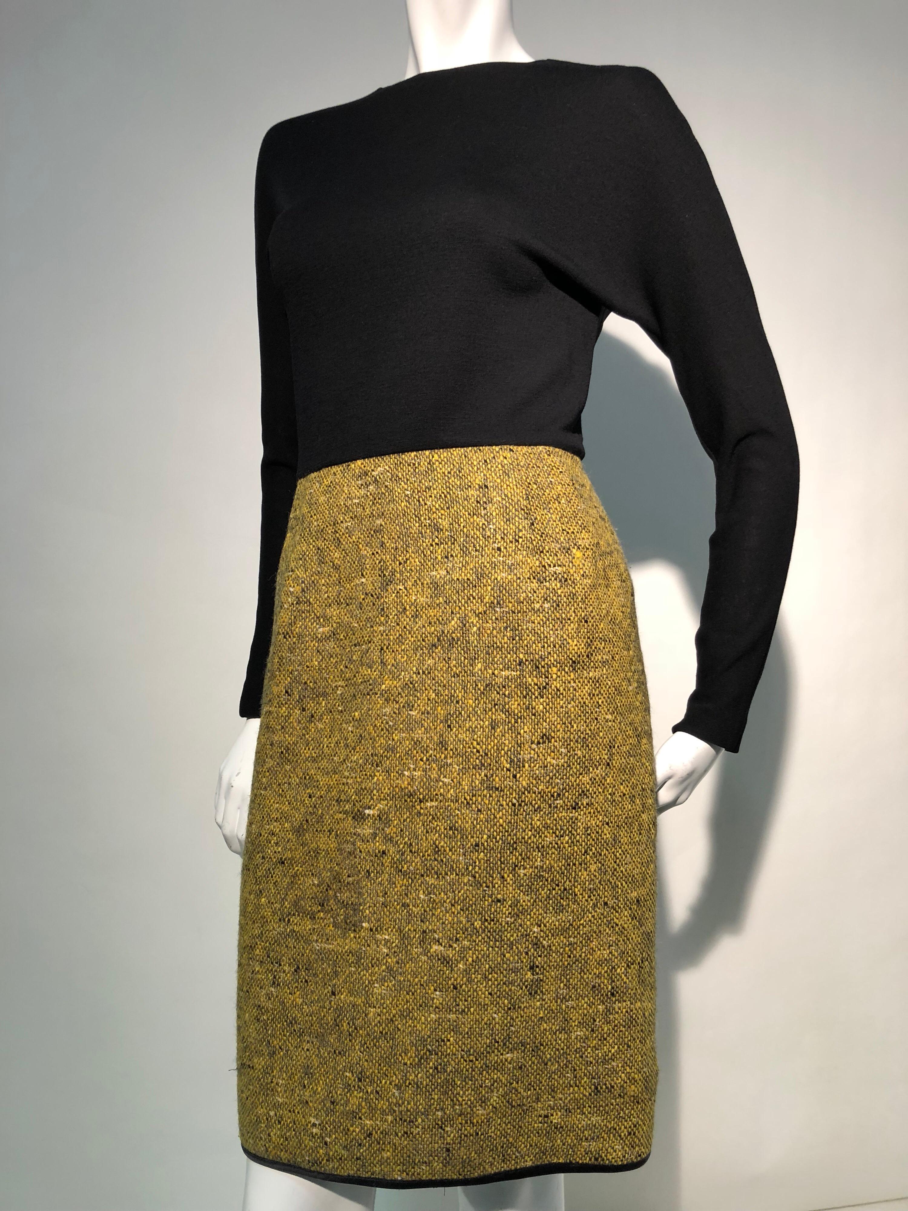 1990er Jahre Geoffrey Beene Goldenrod & Schwarzes 2-teiliges Tweed-Kleid und Jacke aus Wolle  im Angebot 5