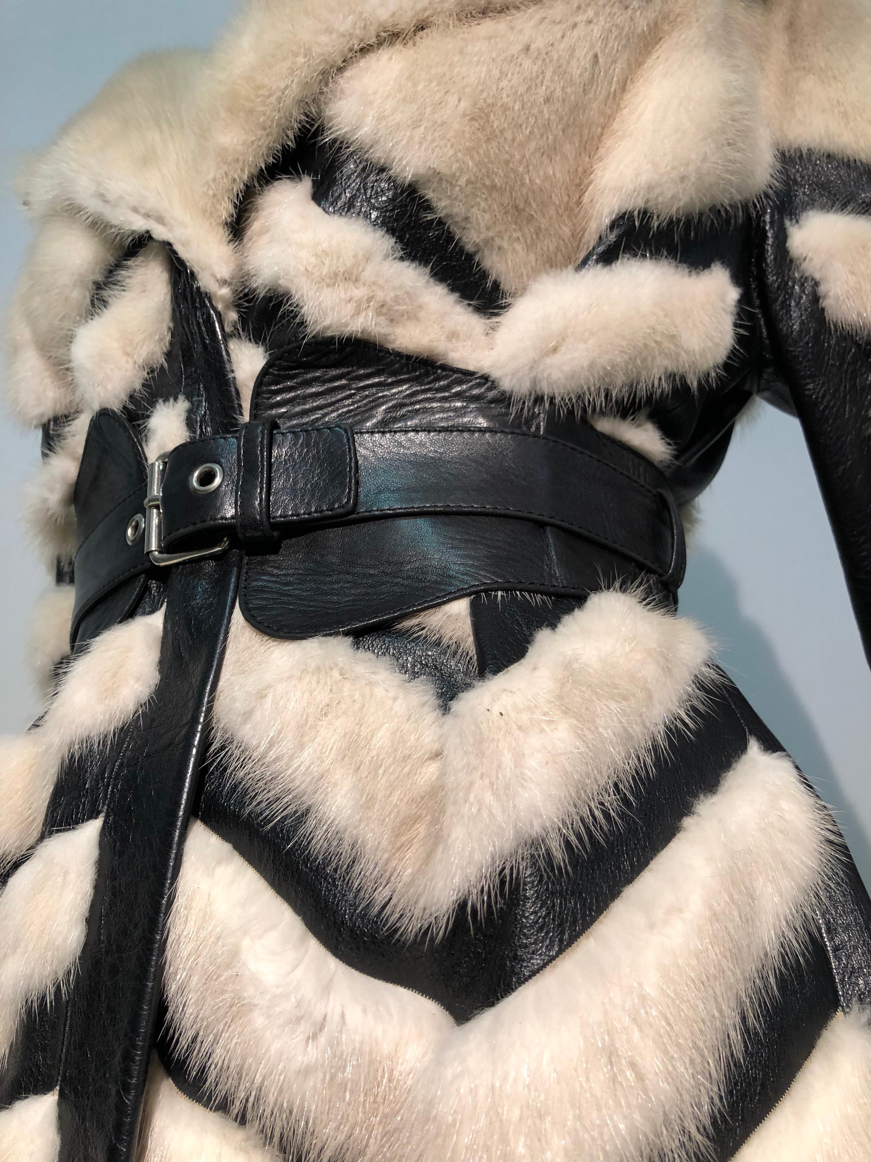 Women's 1960s Honey Blonde Mink & Leather Chevron Pieced Coat W/ Leather Corset Belt