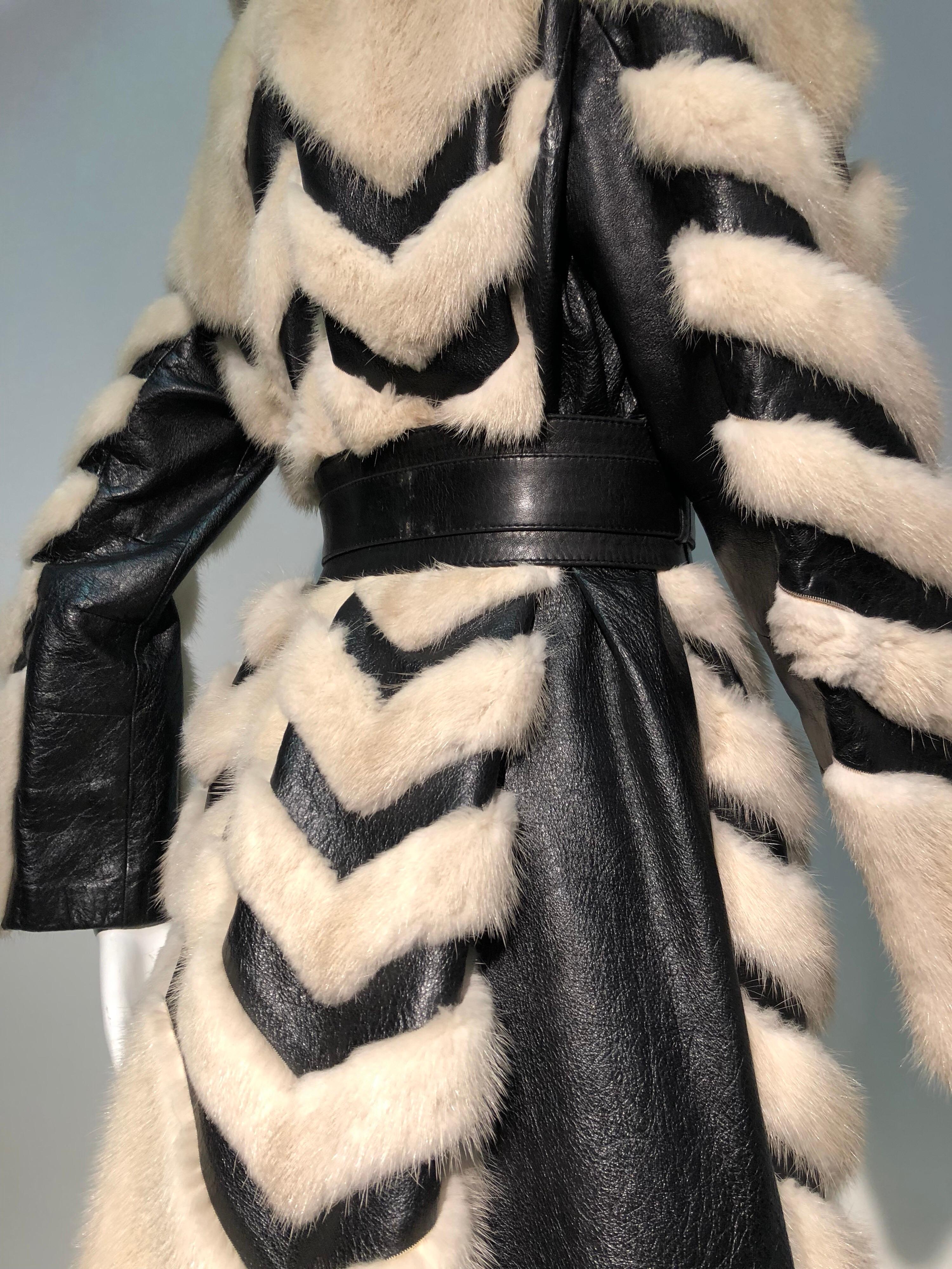 1960s Honey Blonde Mink & Leather Chevron Pieced Coat W/ Leather Corset Belt 3