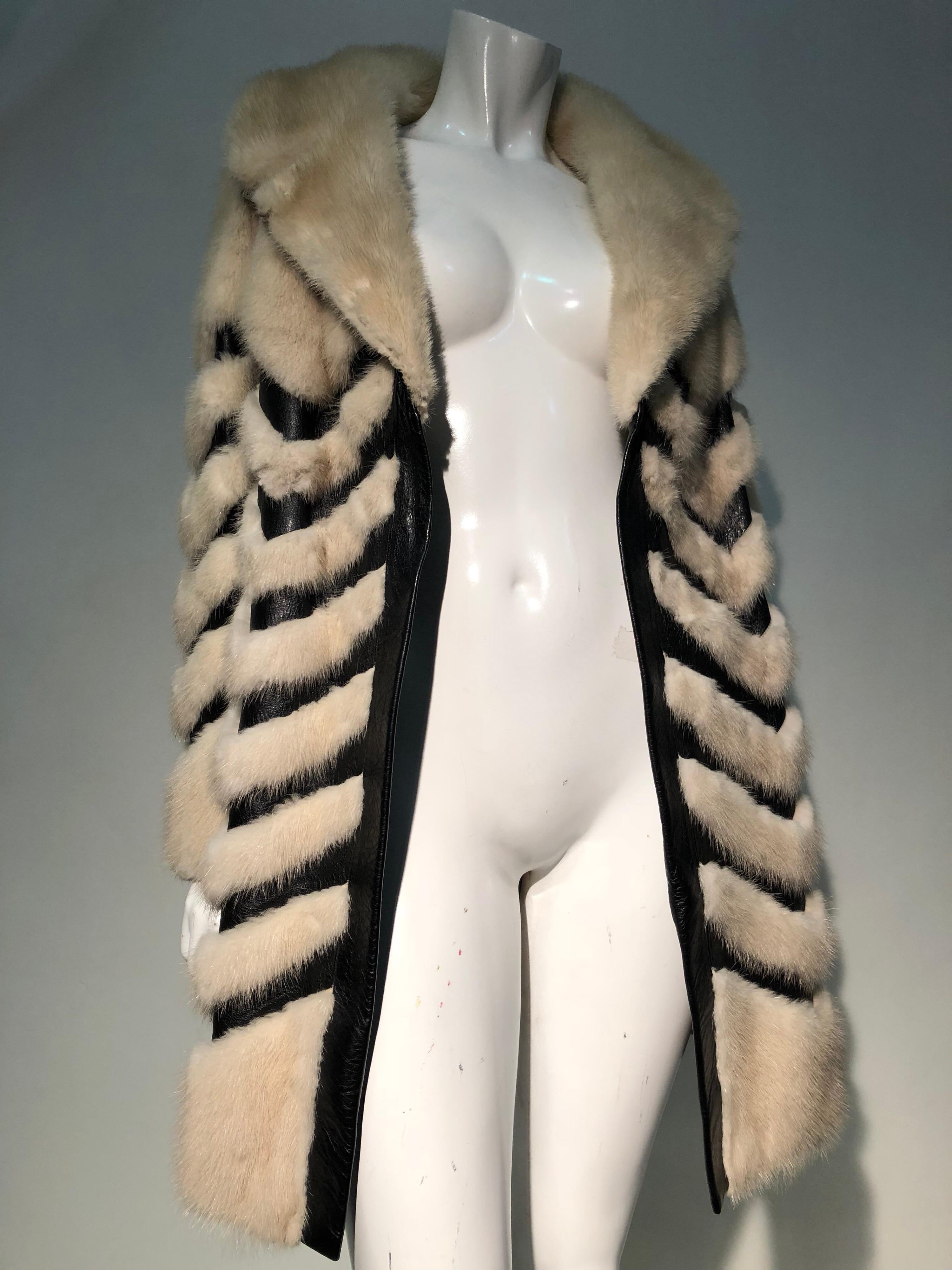 1960s Honey Blonde Mink & Leather Chevron Pieced Coat W/ Leather Corset Belt 4