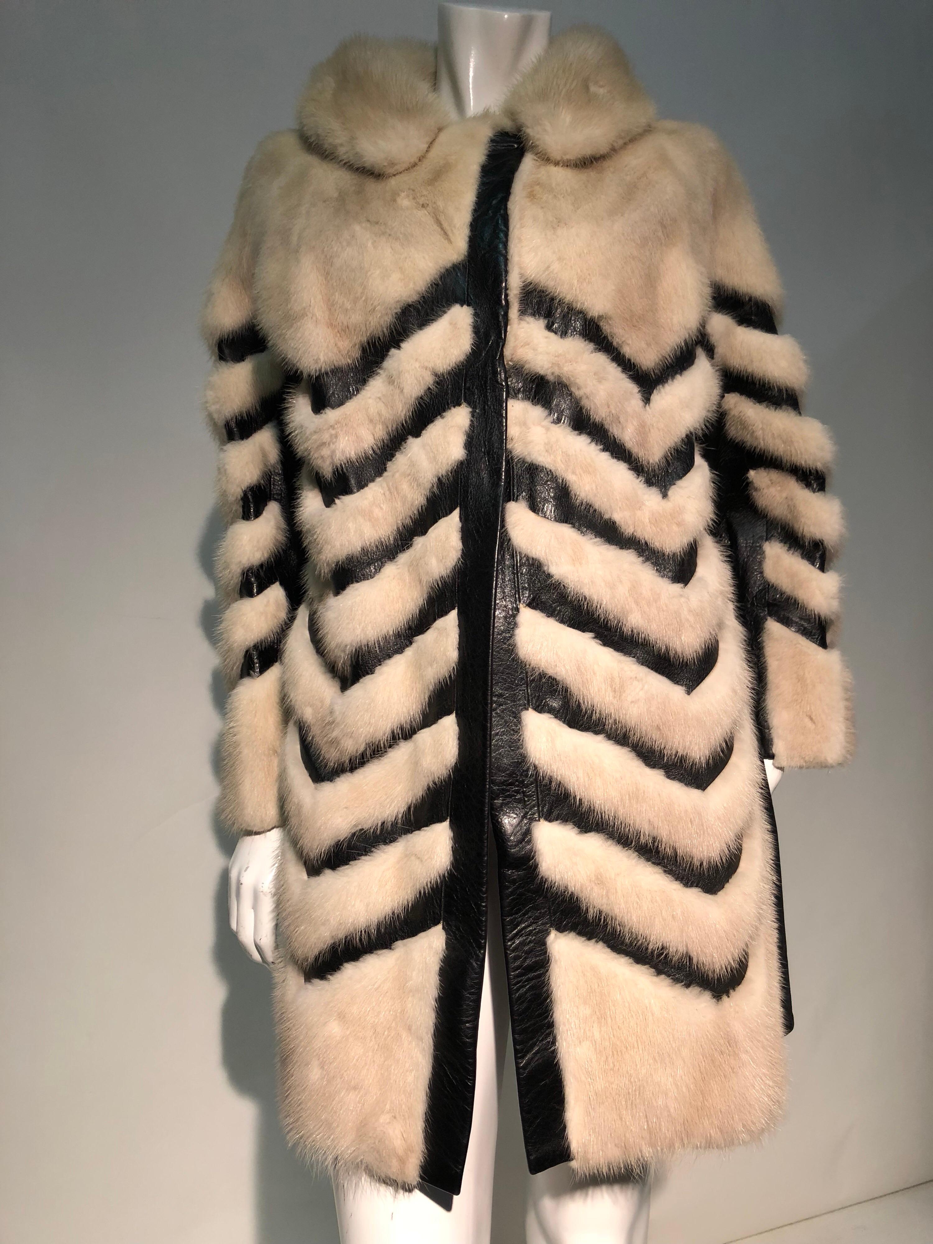 1960s Honey Blonde Mink & Leather Chevron Pieced Coat W/ Leather Corset Belt 6