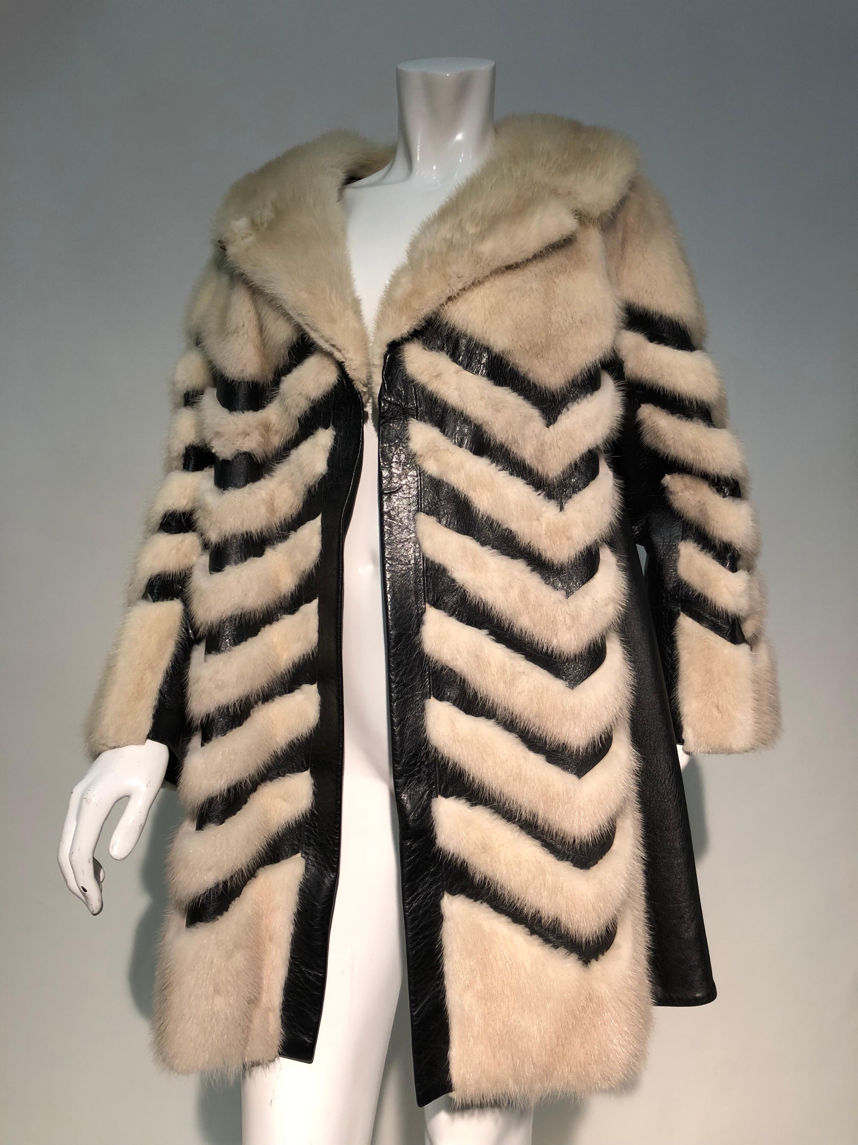 1960s Honey Blonde Mink & Leather Chevron Pieced Coat W/ Leather Corset Belt 11