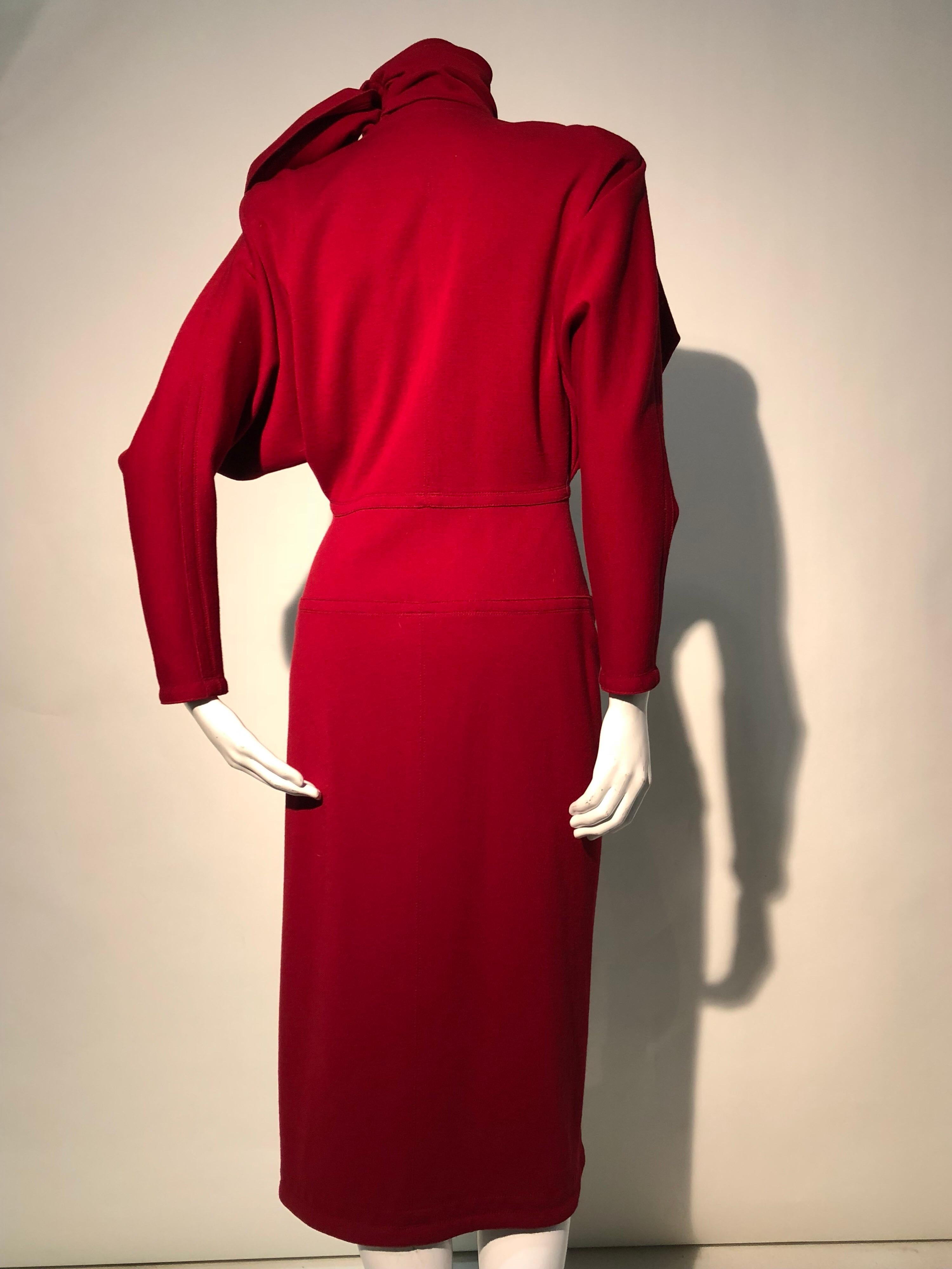 1980s Gianni Versace Vivid Red Wool Wrap-Style Coat Dress W/ Attached Foulard For Sale 3