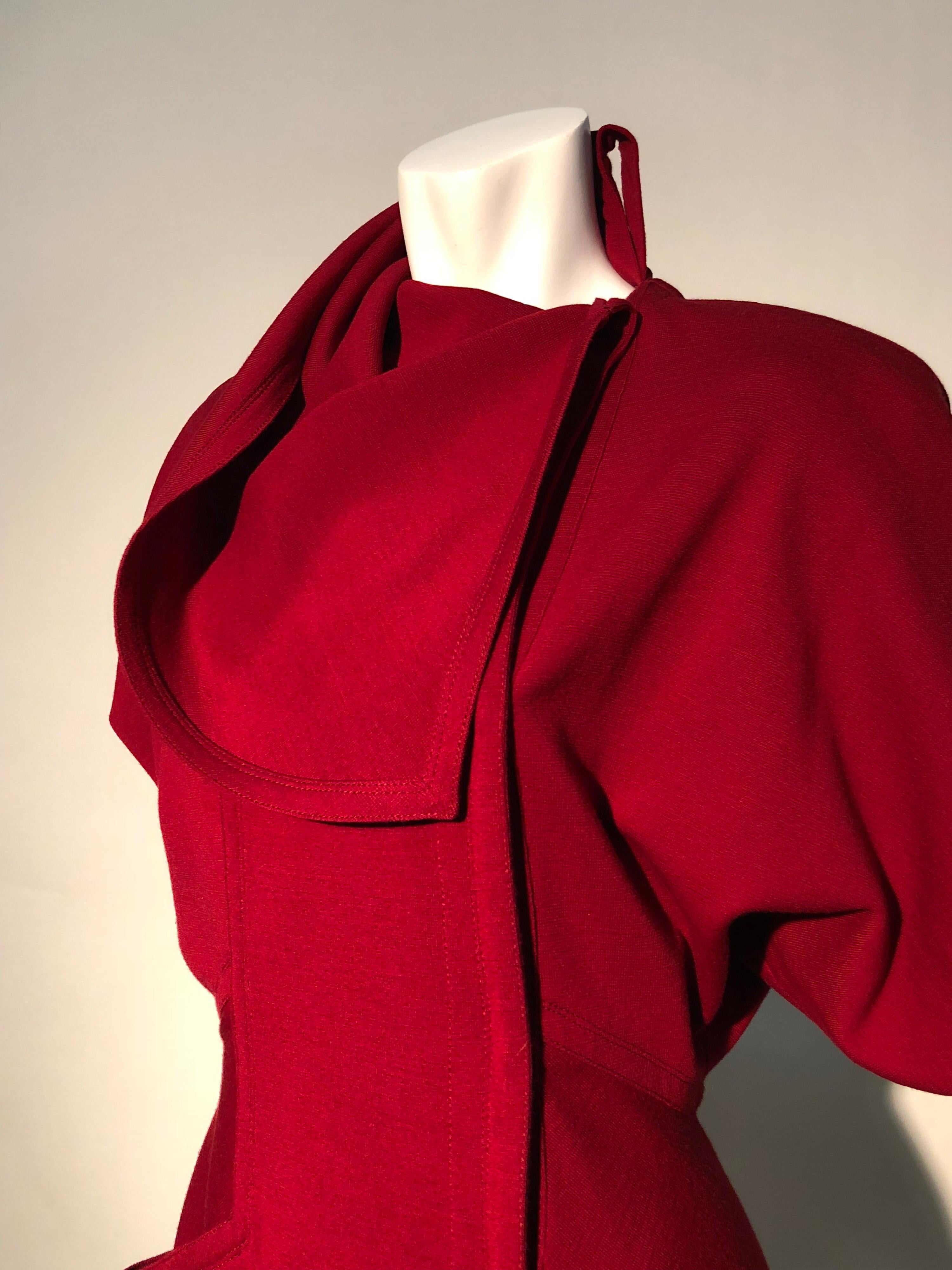 1980s Gianni Versace Vivid Red Wool Wrap-Style Coat Dress W/ Attached Foulard For Sale 5