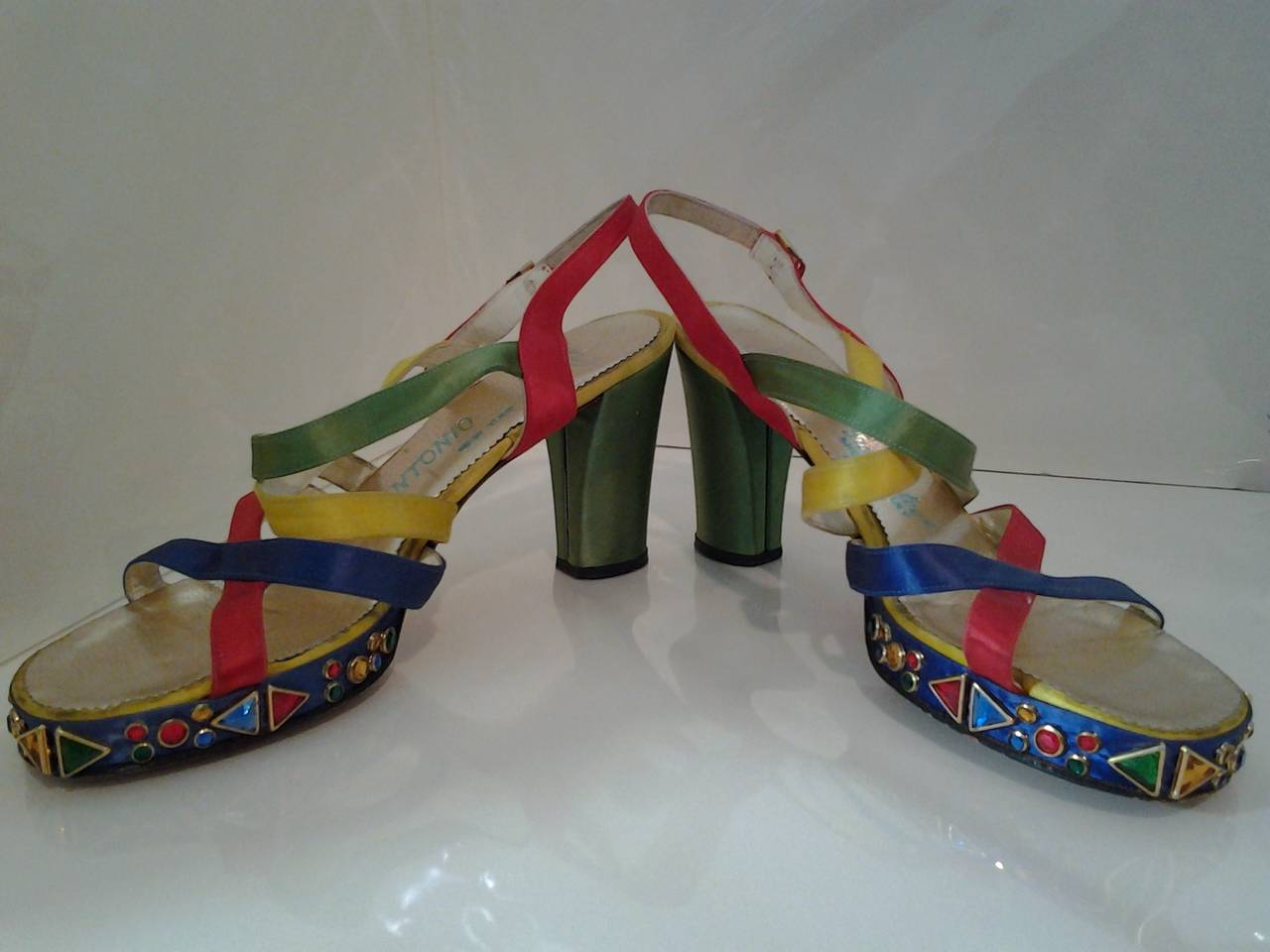 1960s Silk Satin Strappy Bejeweled Platform Evening Sandal 4