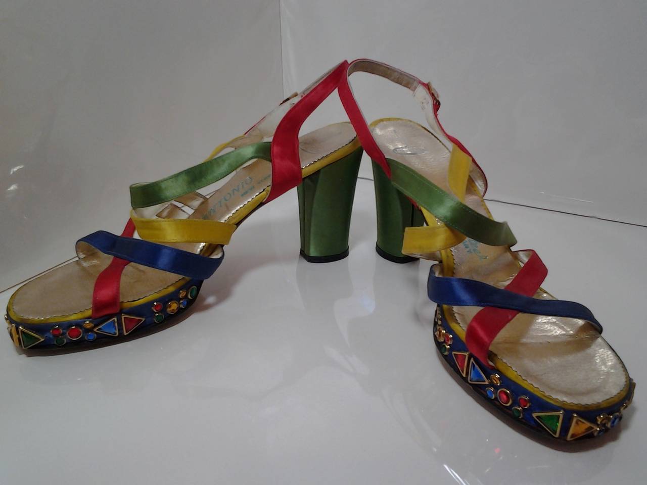 1960s Silk Satin Strappy Bejeweled Platform Evening Sandal 5