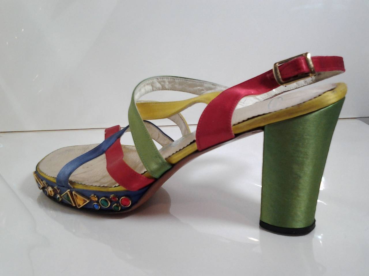 1960s Silk Satin Strappy Bejeweled Platform Evening Sandal 2