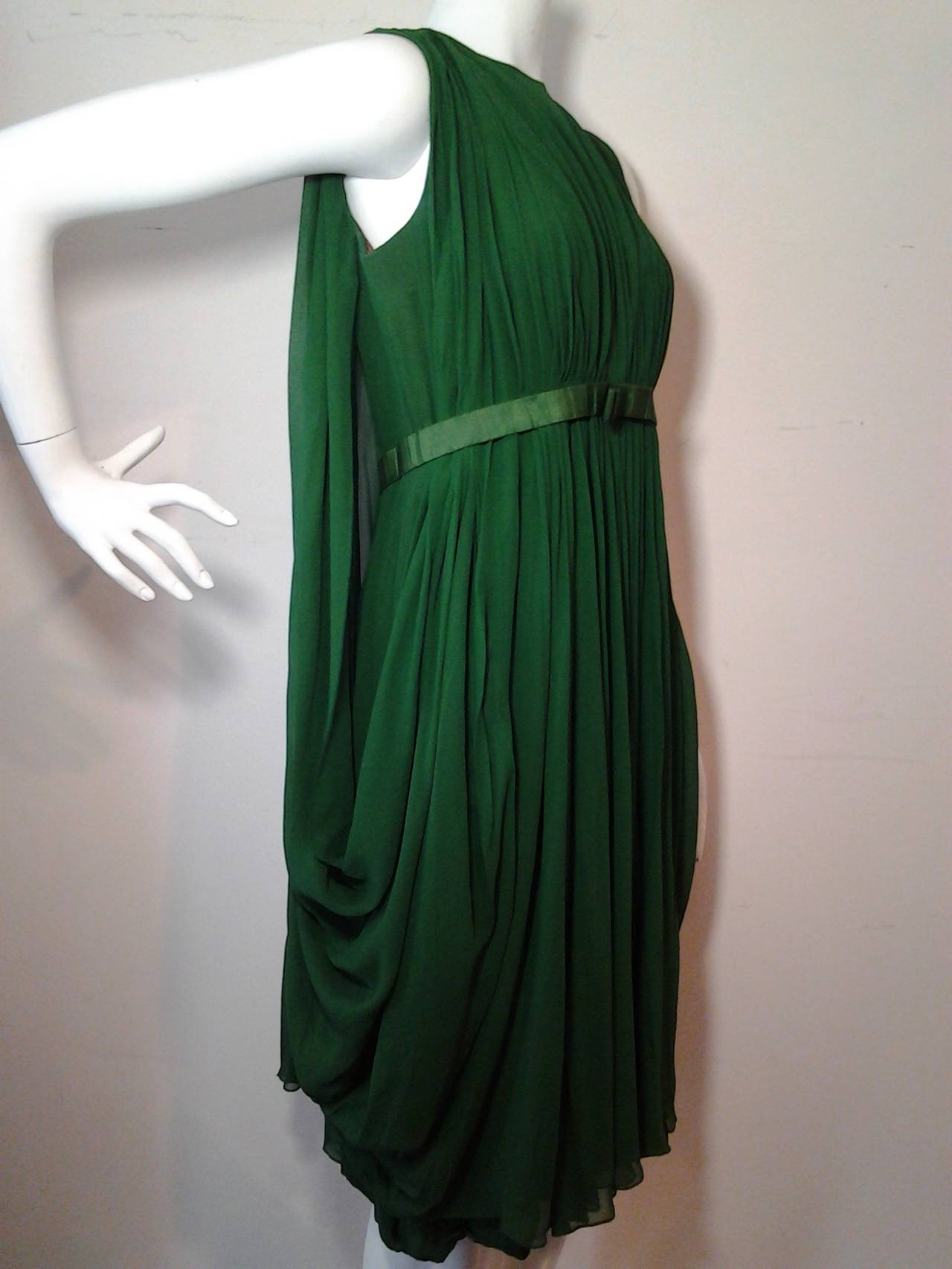 1960s Saks Fifth Avenue Emerald Silk Chiffon Cocktail Dress w/ Draped Back In Excellent Condition In Gresham, OR