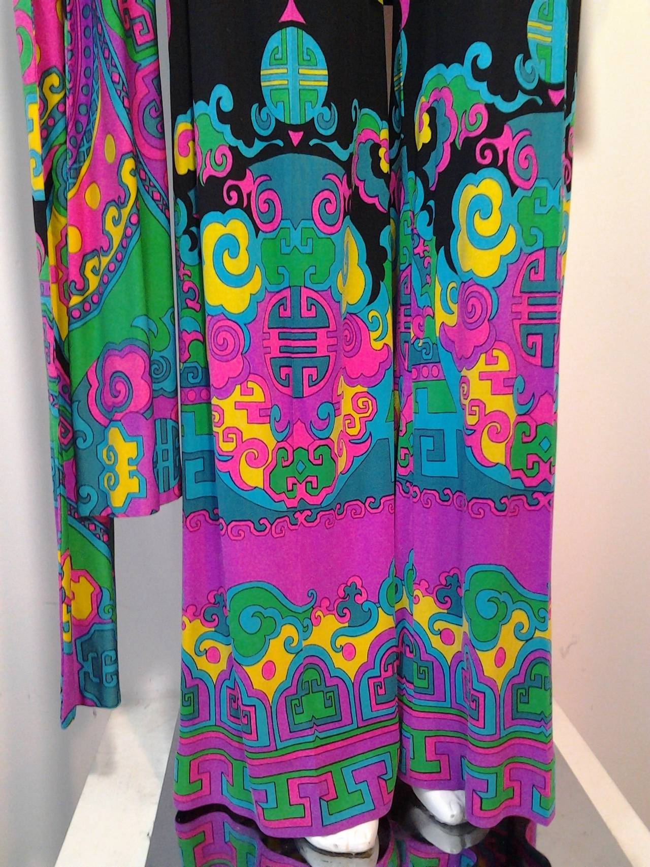 Black 1960s Leonard 2-Piece Silk Jersey Pant Suit w/ Psychedelic Chinese Print
