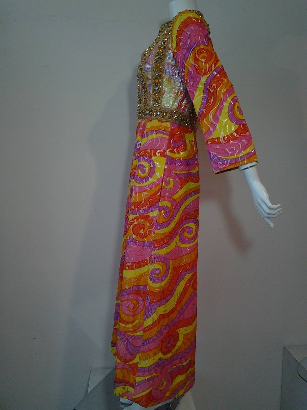 1960s Oscar de La Renta Print Lame Brocade and Jeweled Gown In Excellent Condition In Gresham, OR