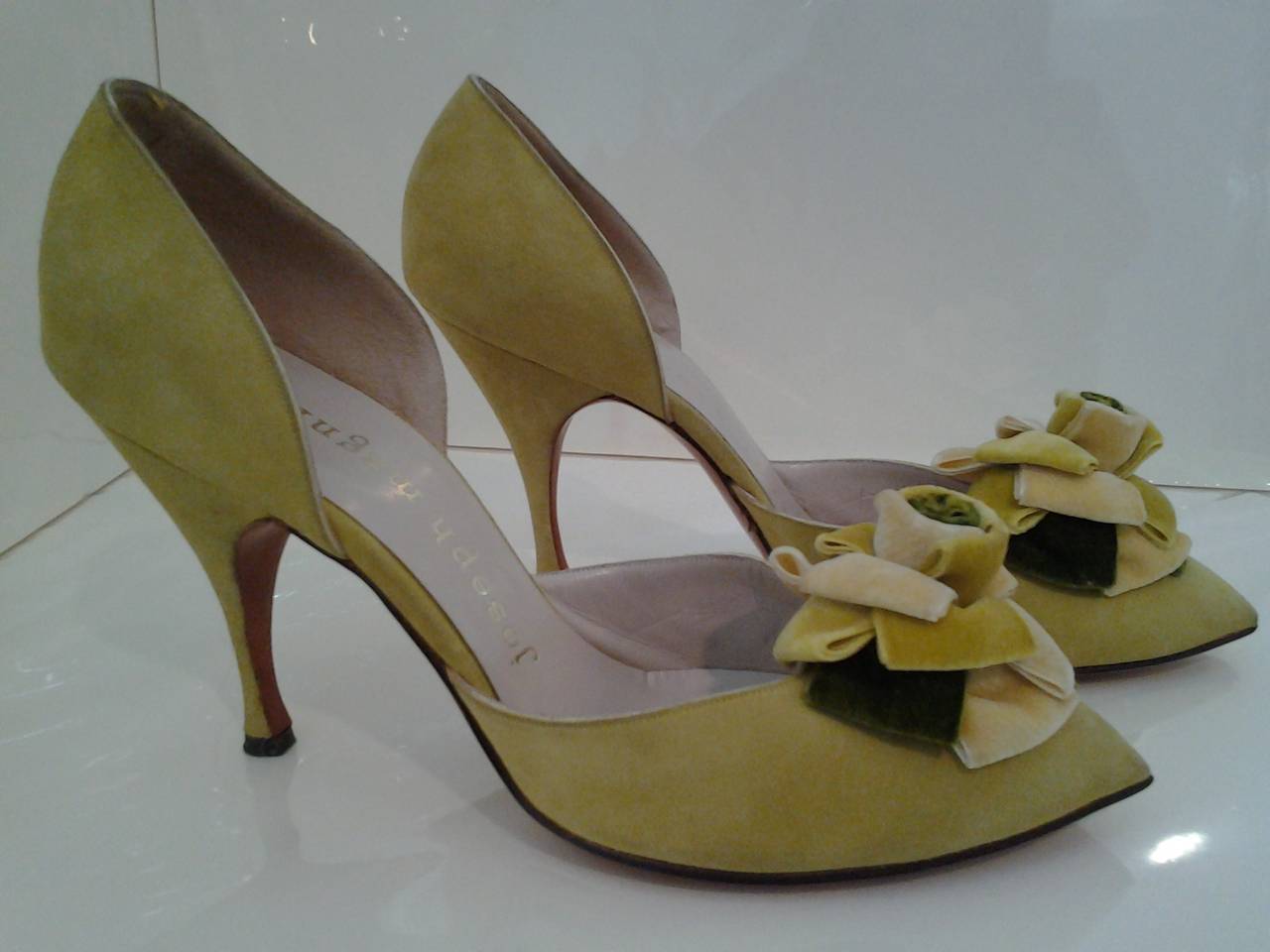 Brown 1950s Herbert Levine Chartreuse Suede D'Orsay Pumps with Velvet Flower at Vamp