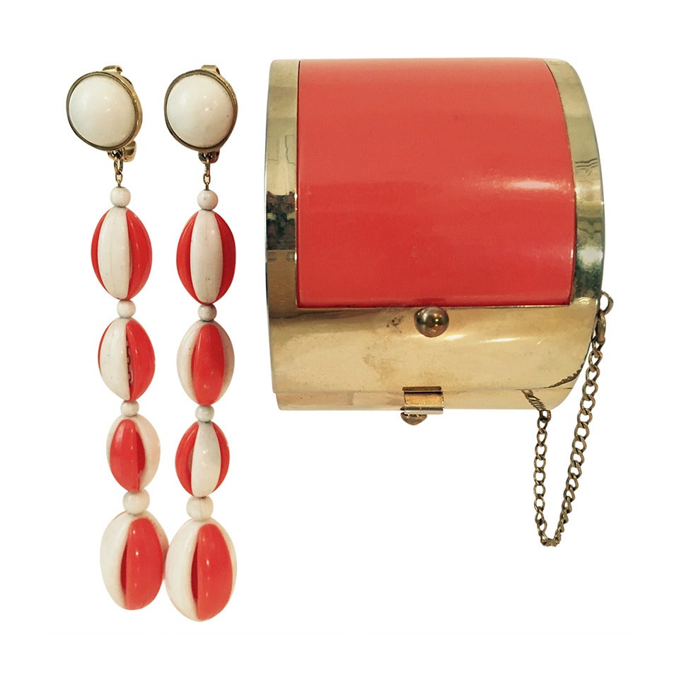 1960s Trifari Two-Tone Mod Drop Earrings and Coordinating Cuff