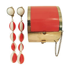 Vintage 1960s Trifari Two-Tone Mod Drop Earrings and Coordinating Cuff