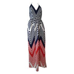 1960s Fabulous Red White and Blue Cotton Pique Halter Maxi Dress