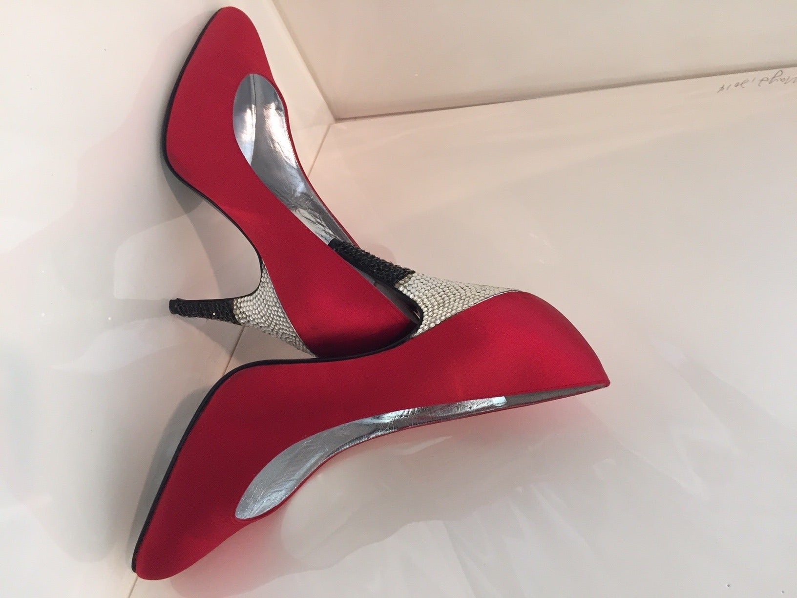 1980s Valentino Red Silk Satin Pumps with Black and Silver Rhinestone Heels 1