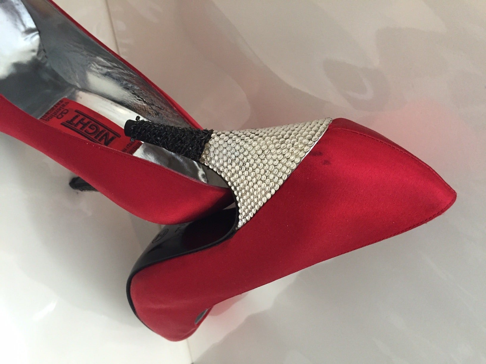 Women's 1980s Valentino Red Silk Satin Pumps with Black and Silver Rhinestone Heels