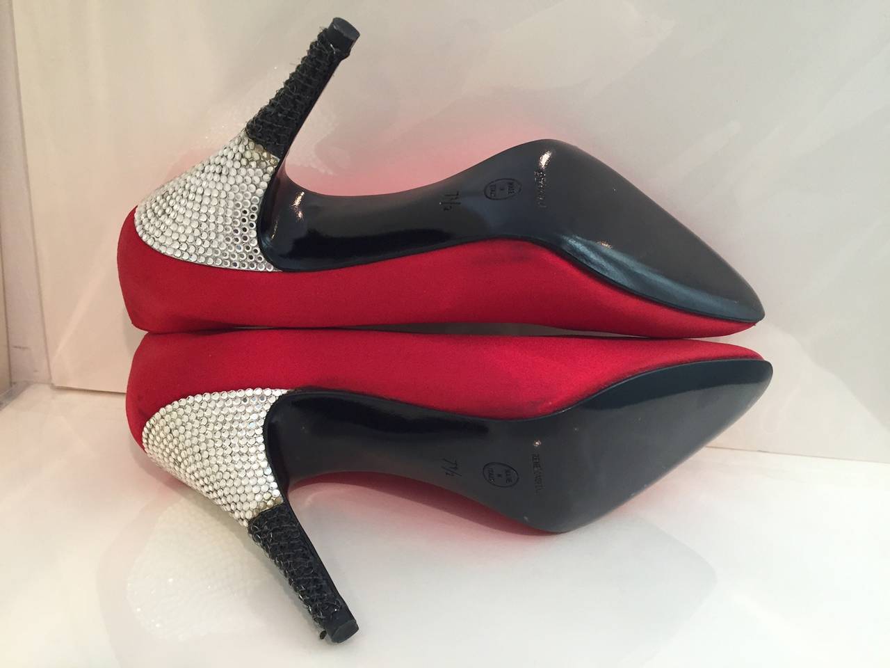 1980s Valentino Red Silk Satin Pumps with Black and Silver Rhinestone Heels 3