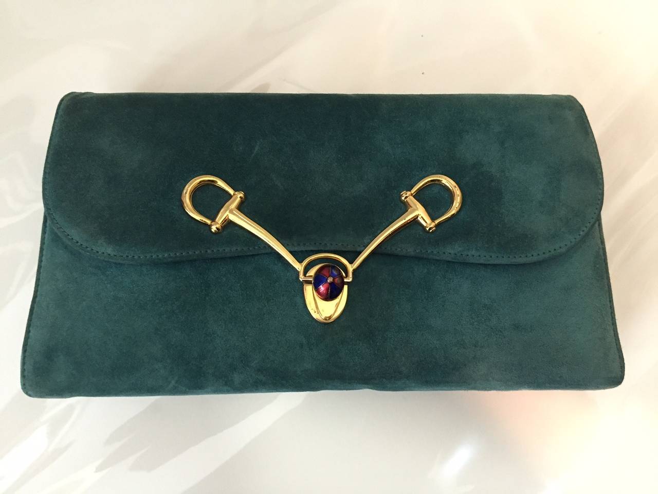 1970s Gucci Turquoise Suede Clutch / Shoulder Bag with Enameled Closure In Excellent Condition In Gresham, OR