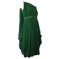 1960s Saks Fifth Avenue Emerald Silk Chiffon Cocktail Dress w/ Draped Back