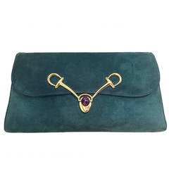 Retro 1970s Gucci Turquoise Suede Clutch / Shoulder Bag with Enameled Closure