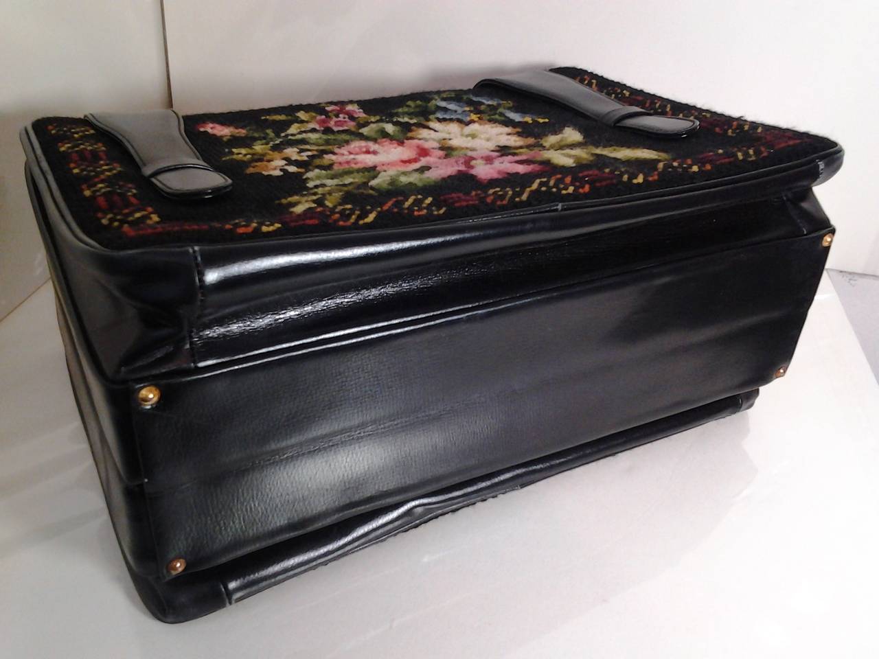 Black 1950s Harry Rosenfeld Floral Needlepoint Structured Handbag