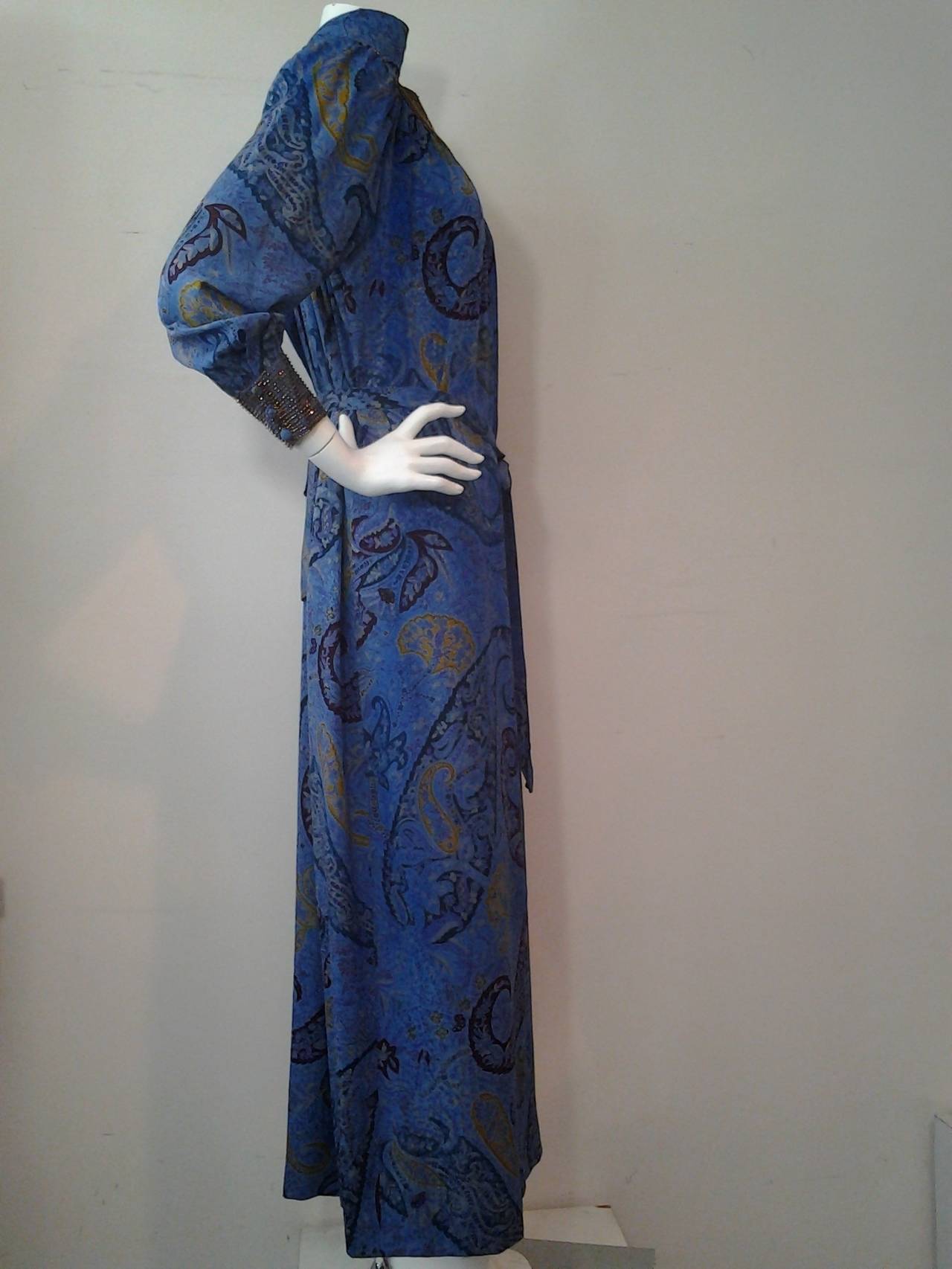 1970s Indigo Silk Paisley Print Peasant Dress