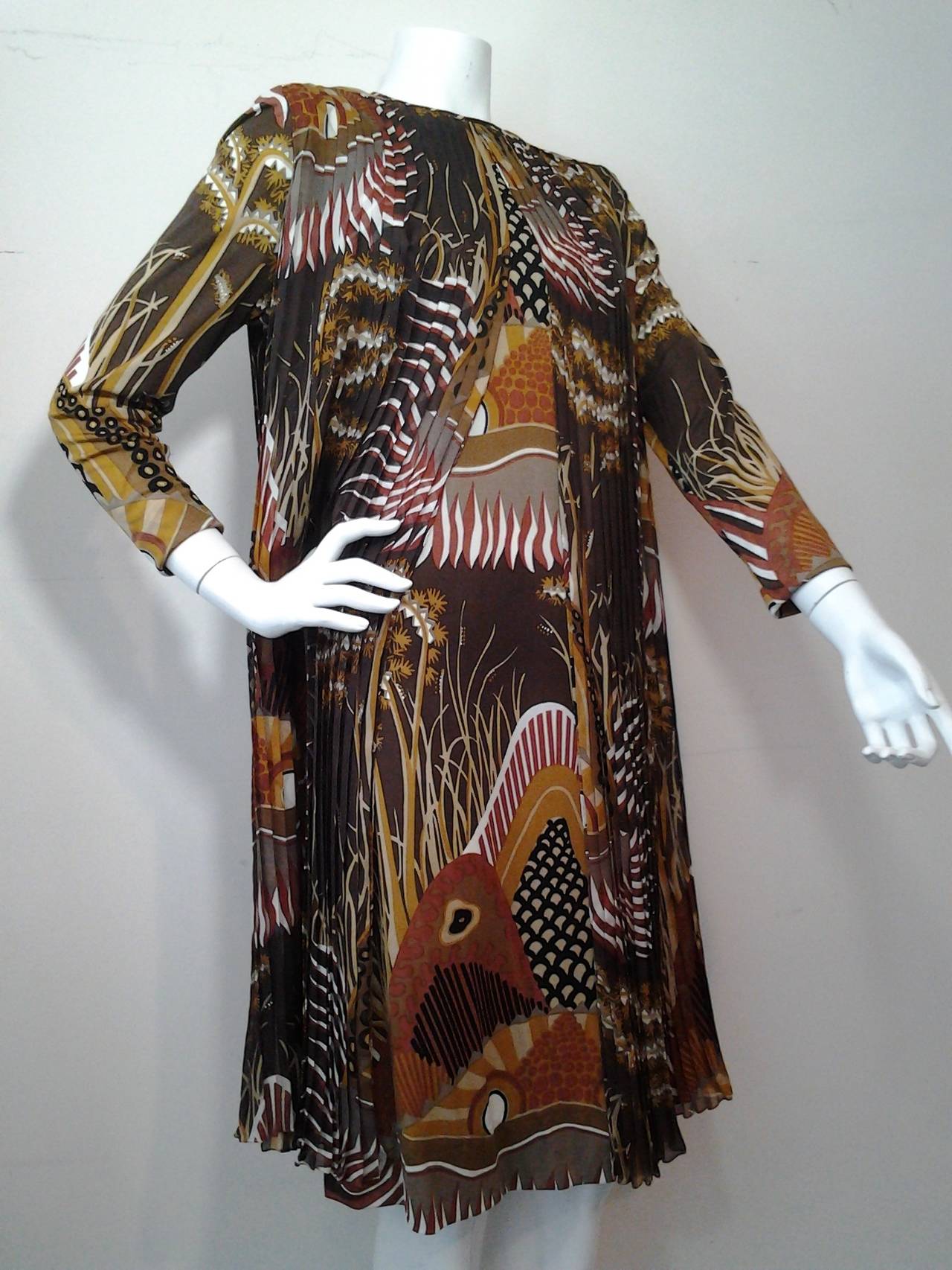 Black 1970s La Mendola Print Jersey Dress with Silk Chiffon Overlay