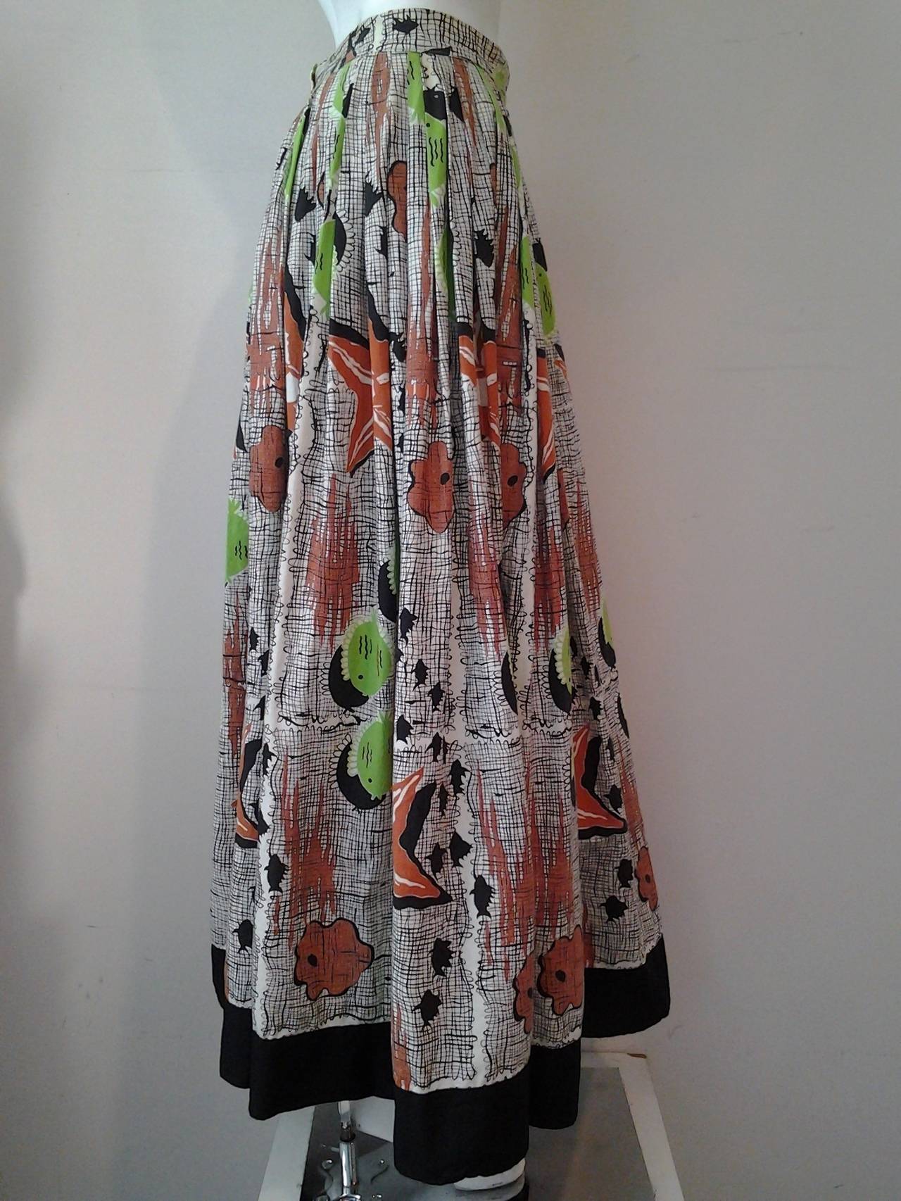 1940s Cotton Brown/Black/Lime Seashell Print Full Skirt In Excellent Condition In Gresham, OR