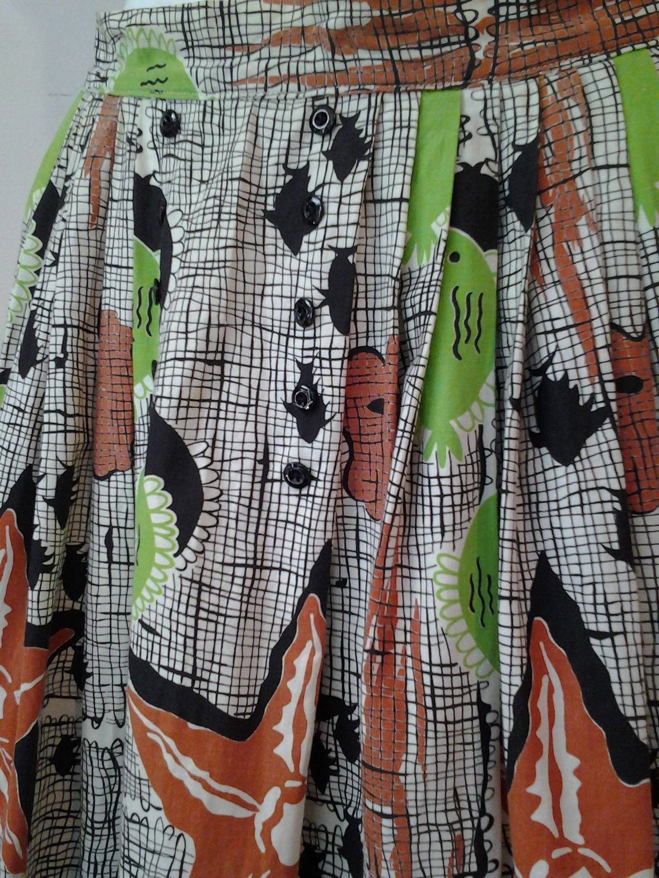 Women's 1940s Cotton Brown/Black/Lime Seashell Print Full Skirt