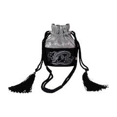 Vintage 1980s Kansai Yamamoto Patent Leather and Silver Lame Dragon Draw String Bag