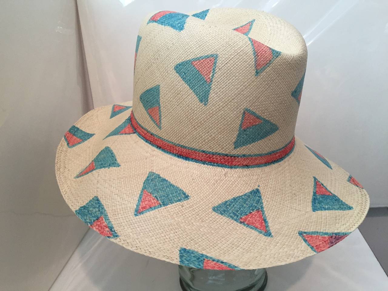 1970s Hand-Painted Panama Straw Fedora In New Condition In Gresham, OR