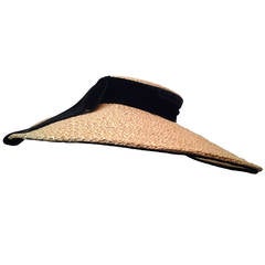 Vintage 1940s Huge Straw Sun Hat with Velvet Ribbon Trim